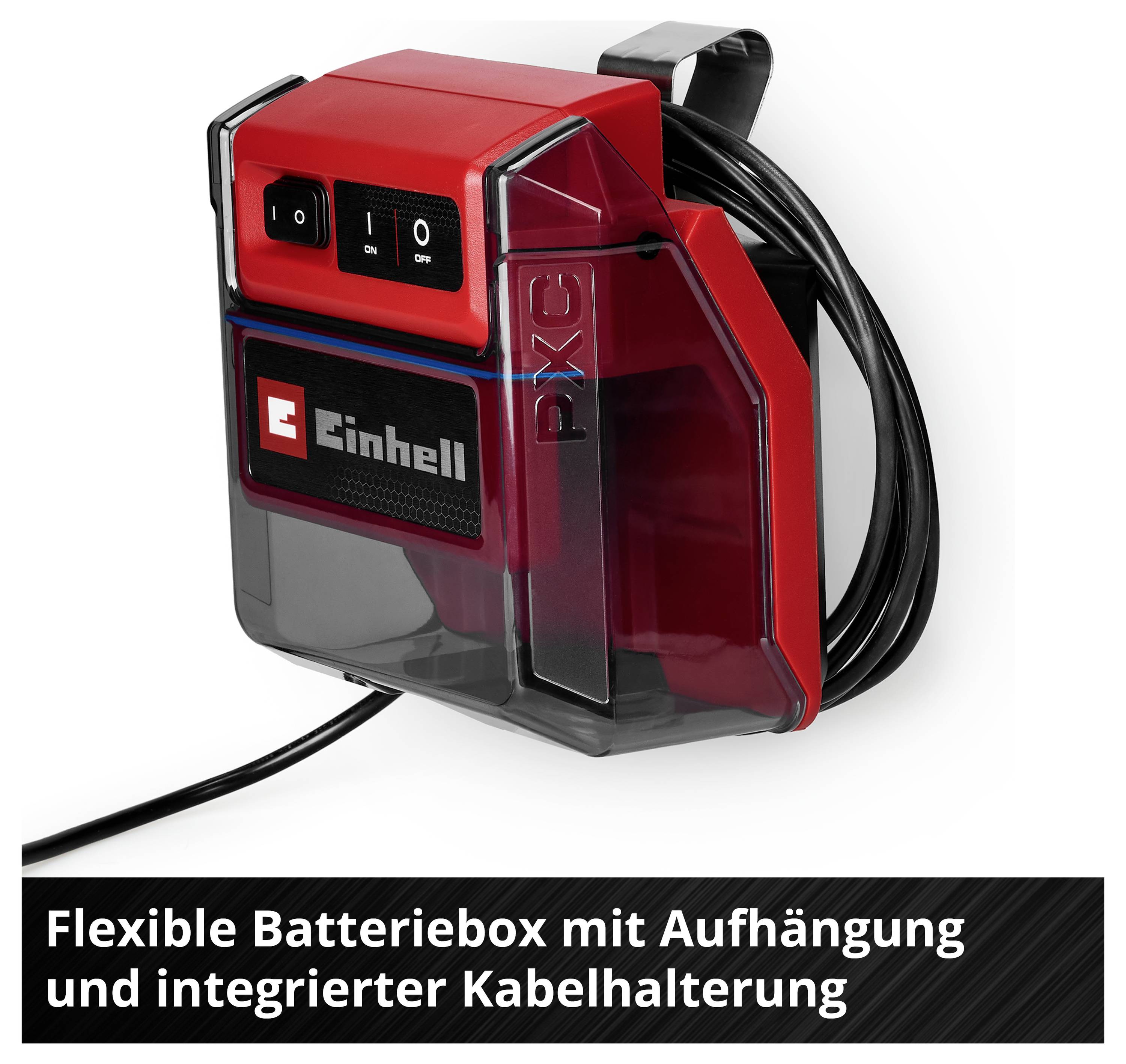 Rote Einhell-Batteriebox mit Aufhängung und integriertem Kabelhalter; unten steht 'Flexible Batteriebox mit Aufhängung und integrierter Kabelhalterung'.