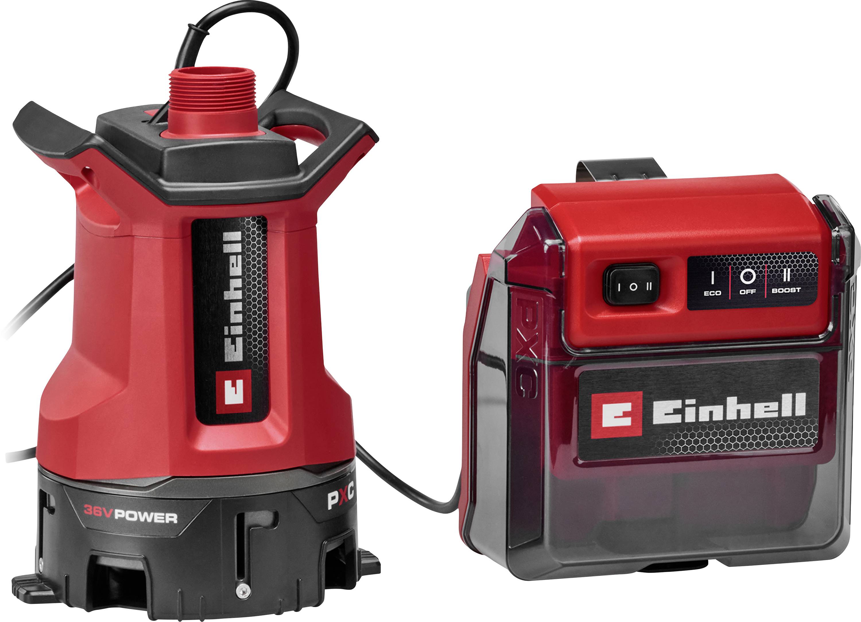 Rote kabellose Einhell 18V Power X-Change Pumpe und Batteriepack nebeneinander auf weißem Hintergrund abgebildet.