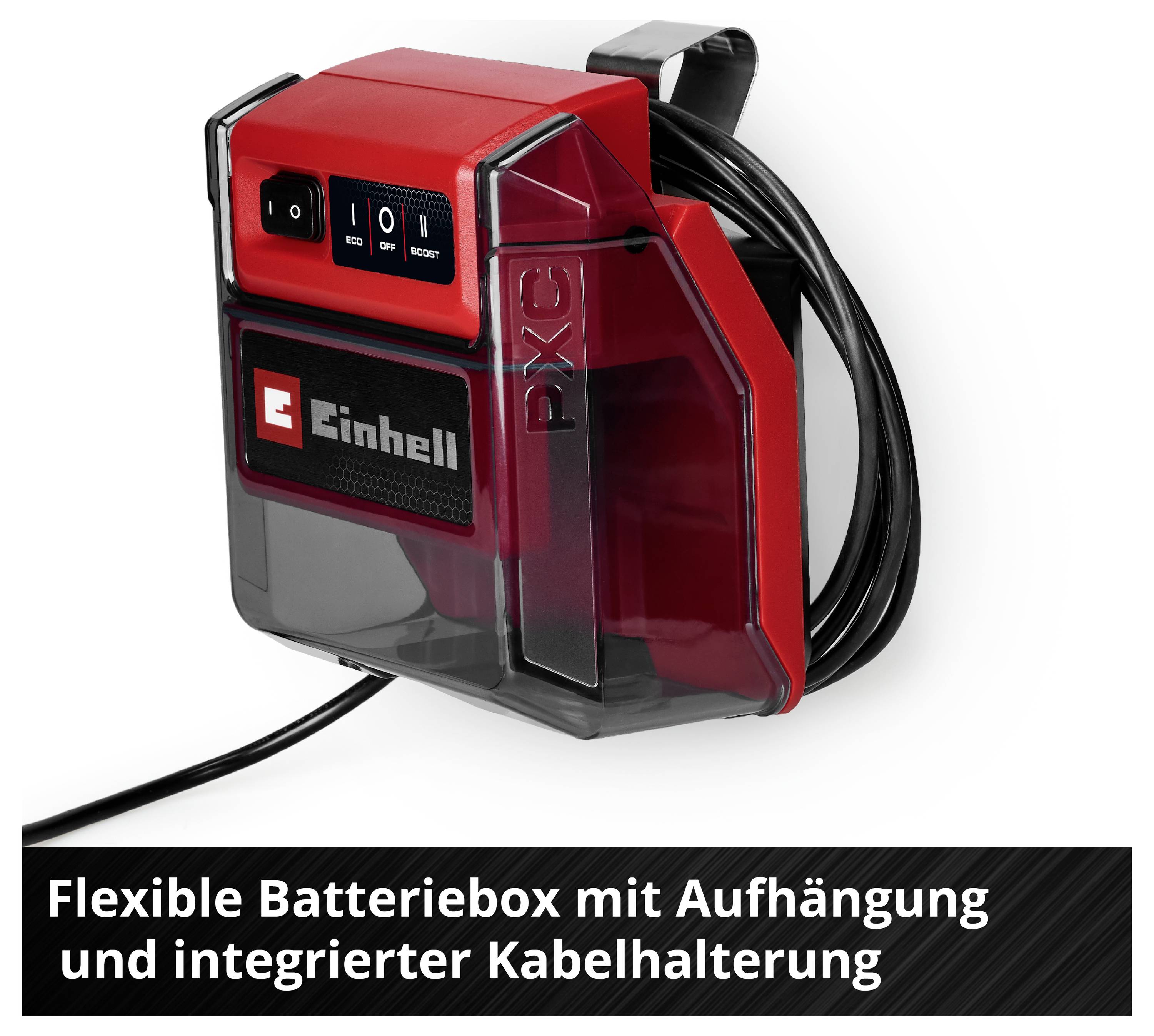 Rote Einhell Batteriobox mit aufgerolltem Kabel und Aufhängung; Text: 'Flexible Batteriebox mit Aufhängung und integrierter Kabelhalterung'.