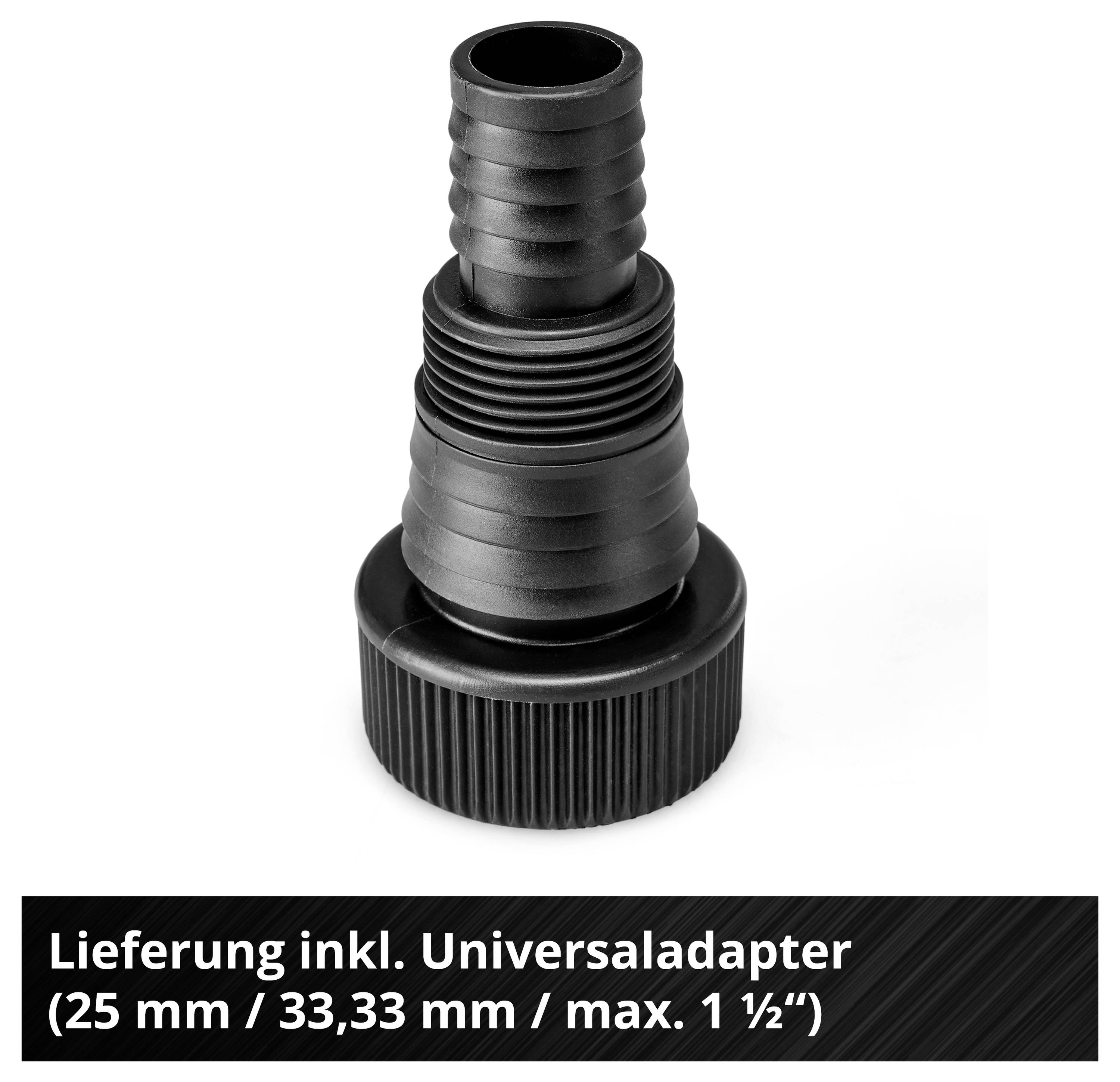 Schwarzer Universaladapter mit Gewindeaufsatz; Text: 'Lieferung inkl. Universaladapter (25 mm / 33,33 mm / max. 1 ½