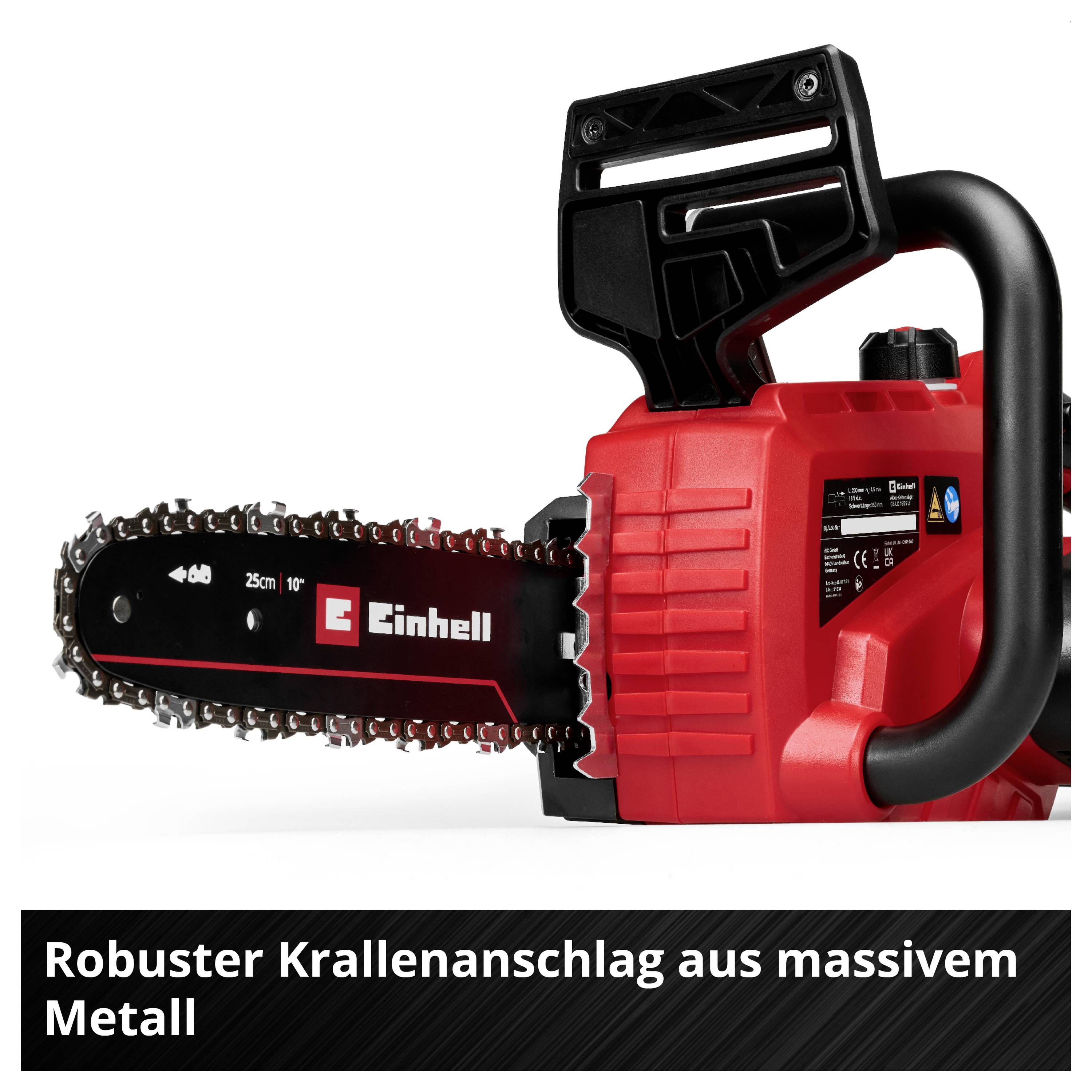 Rote Einhell-Kettensäge mit schwarzem Griff und 25 cm Klinge auf weißem Hintergrund; Der Text besagt „Robuster Krallenanschlag aus massivem Metall
