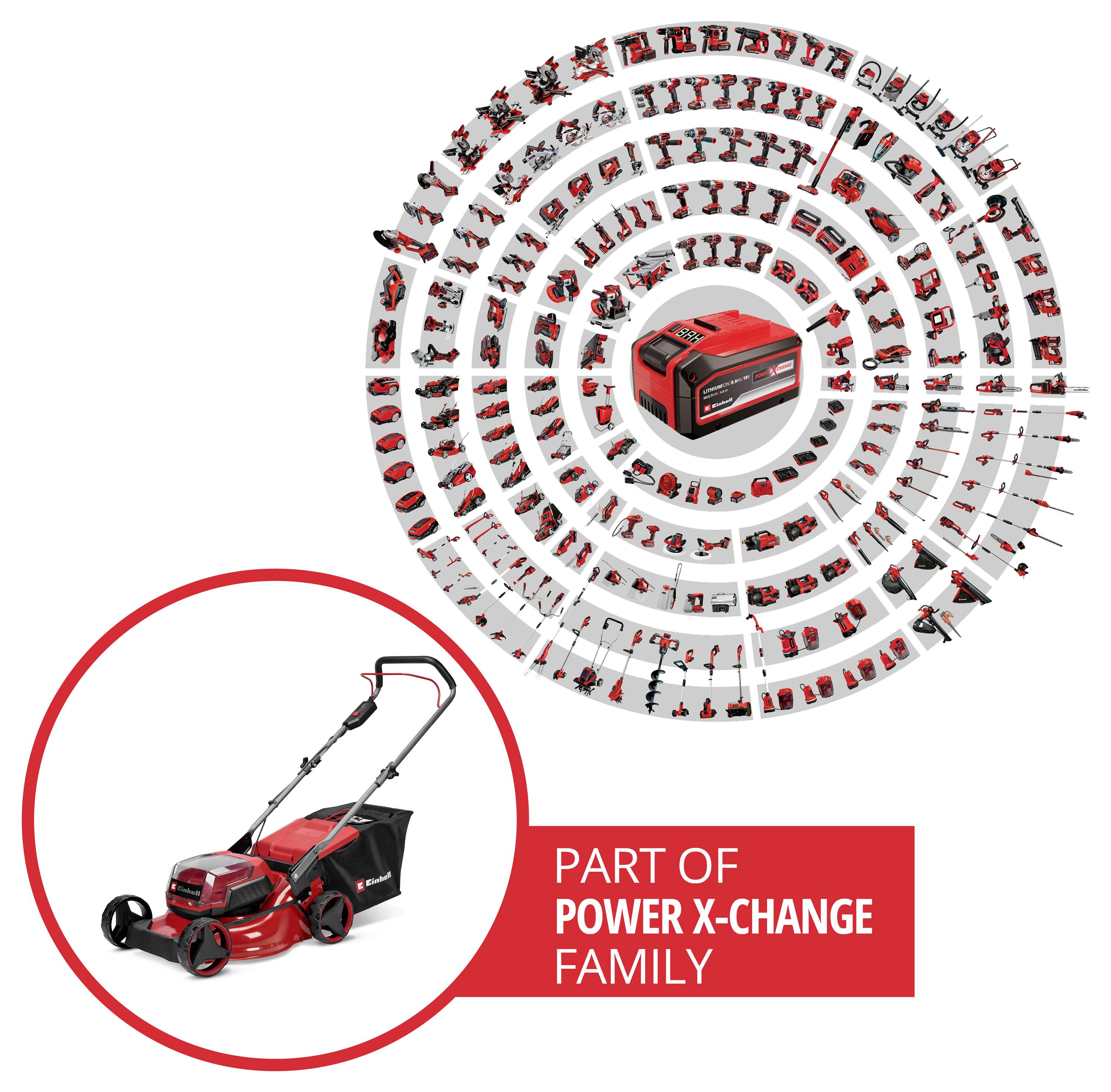 Werbegrafik mit einem roten kabellosen Rasenmäher und einer kreisförmigen Anzeige kompatibler Power X-Change-Werkzeuge, mit dem Text „TEIL DER POWER X-CHANGE FAMILIE