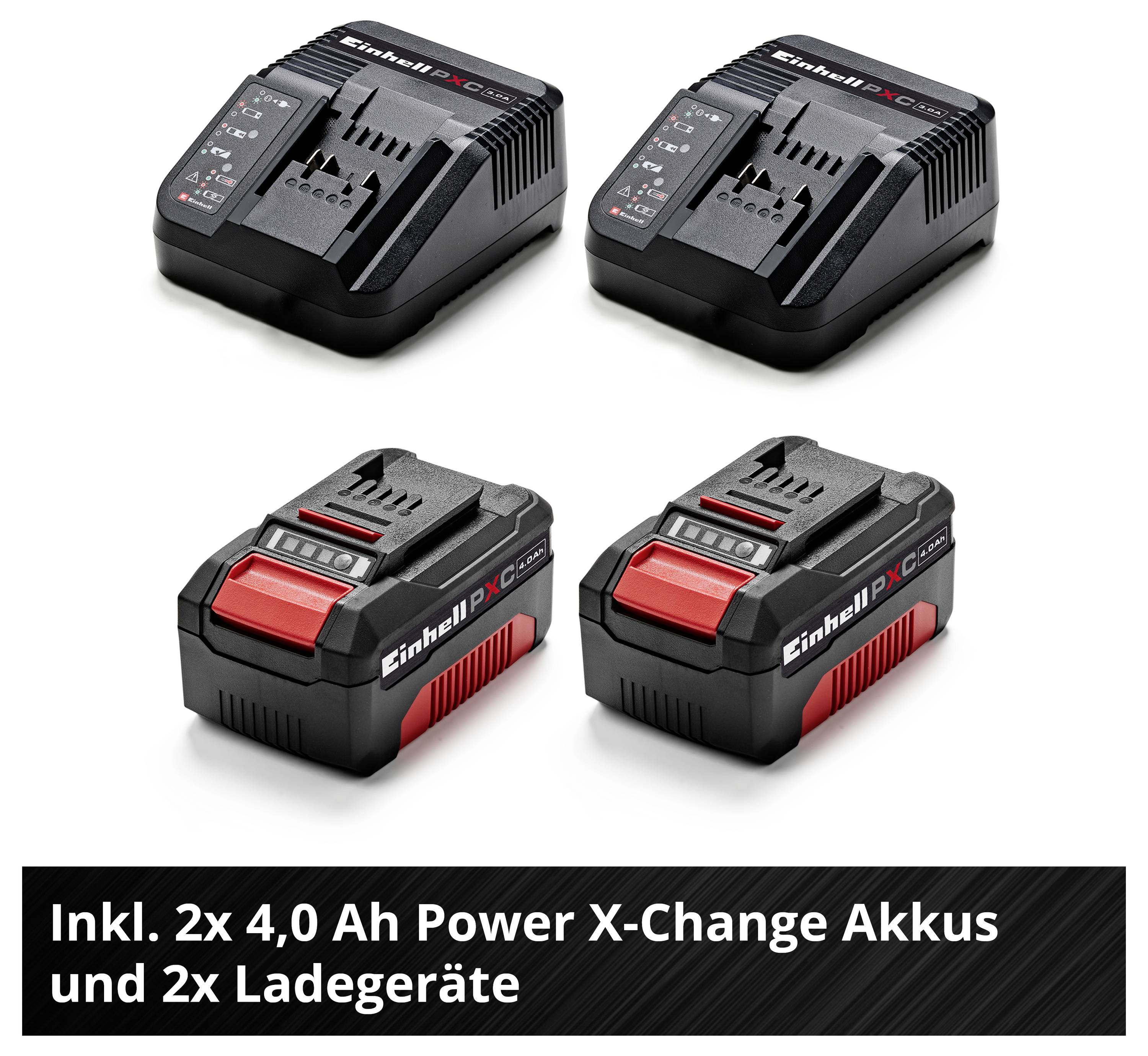 Produktabbildung mit 2 Akkuladegeräten und 2 Power X-Change Akkus; Hinweis: 'Inkl. 2x 4,0 Ah Power X-Change Akkus und 2x Ladegeräte'.