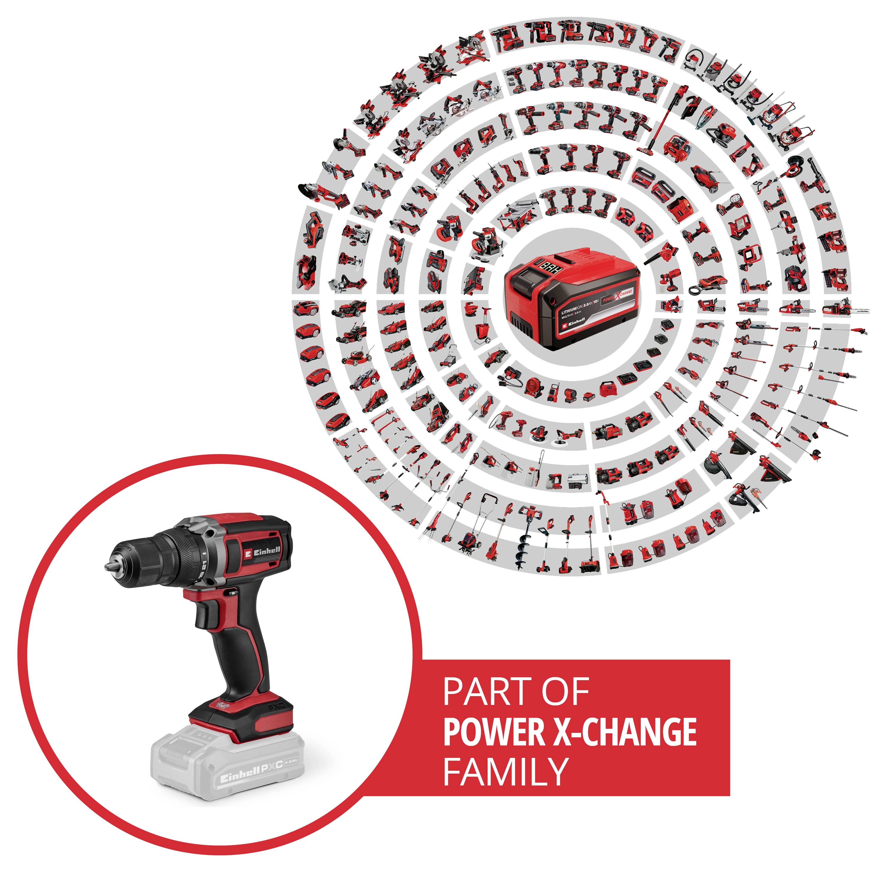 Werbekachel eines kabellosen Elektroschraubers und einer kreisförmigen Anordnung von kompatiblen Power X-Change-Werkzeugen um ein Akkupack herum, mit der Beschriftung „TEIL DER POWER X-CHANGE FAMILIE