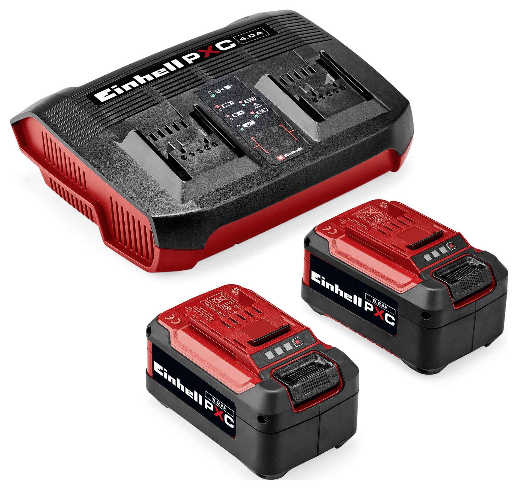 Einhell PXC Batterieladegerät mit zwei wiederaufladbaren Batteriepacks auf weißem Hintergrund.