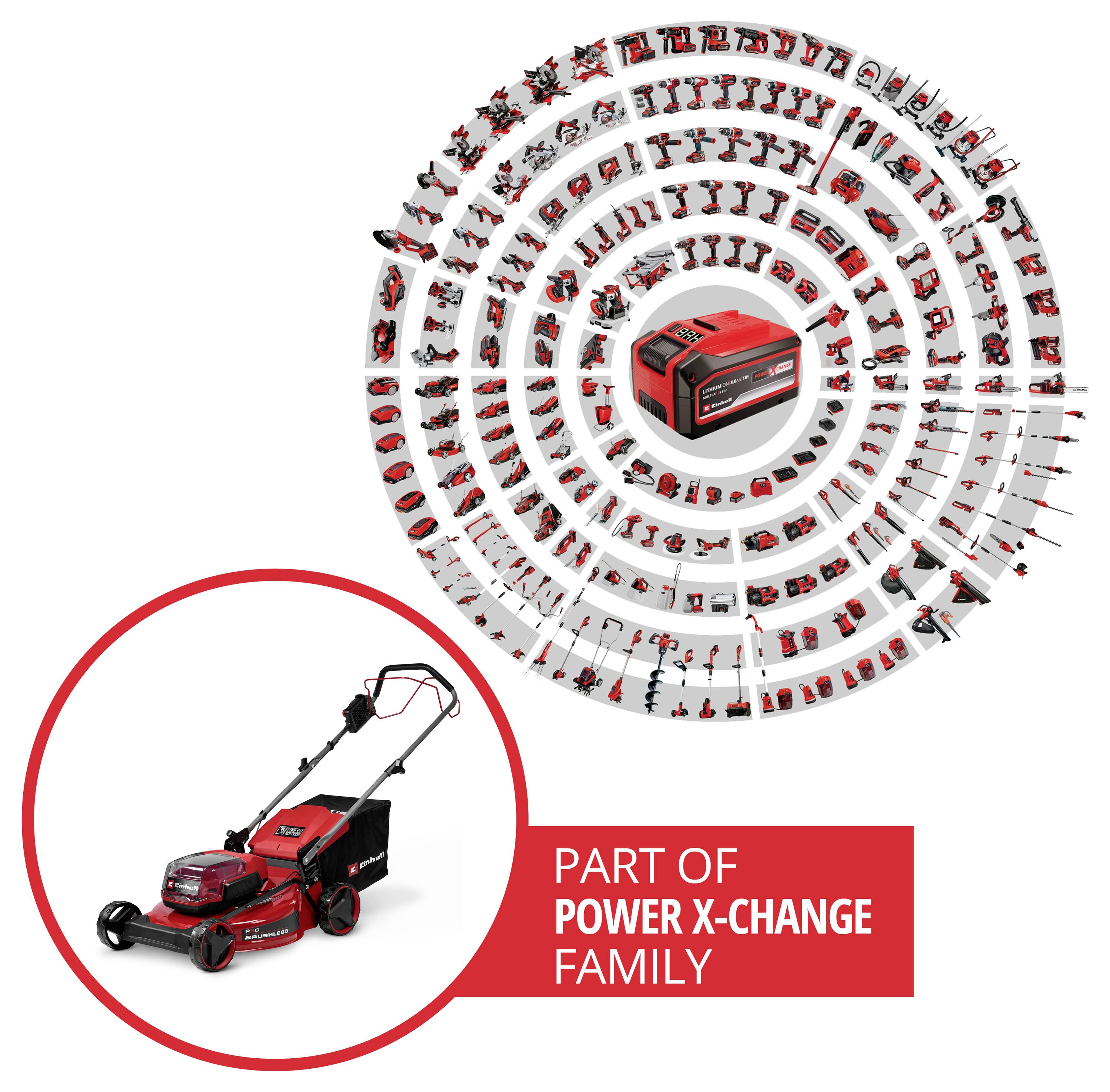 Roter schnurloses Rasenmäher mit Batterie mit der Aufschrift „PART OF POWER X-CHANGE FAMILY