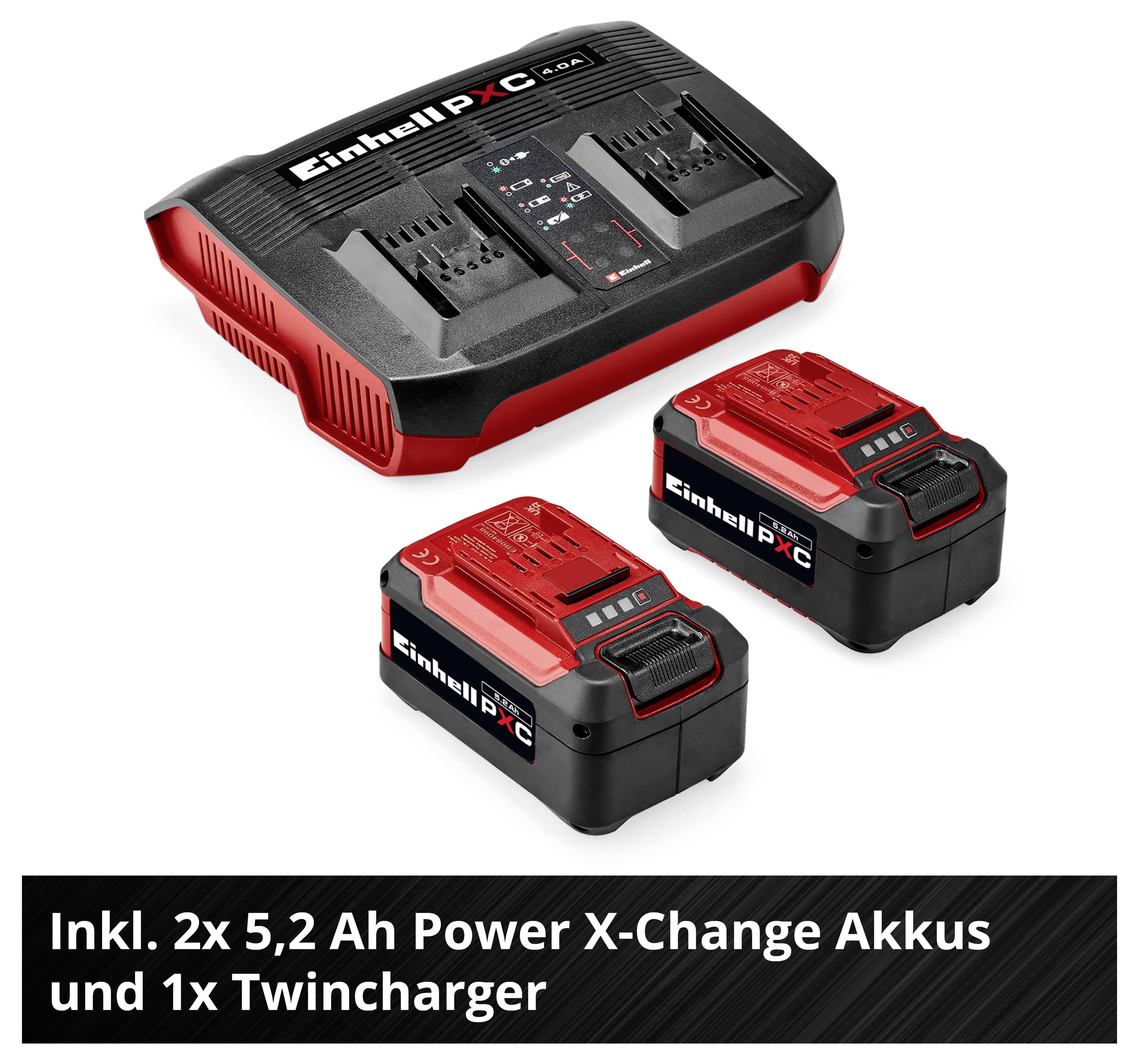 Abgebildet sind ein Einhell Power X-Change Twincharger und zwei 5,2-Ah-Akkus; Text: 'Inkl. 2x 5,2 Ah Power X-Change Akkus und 1x Twincharger'.