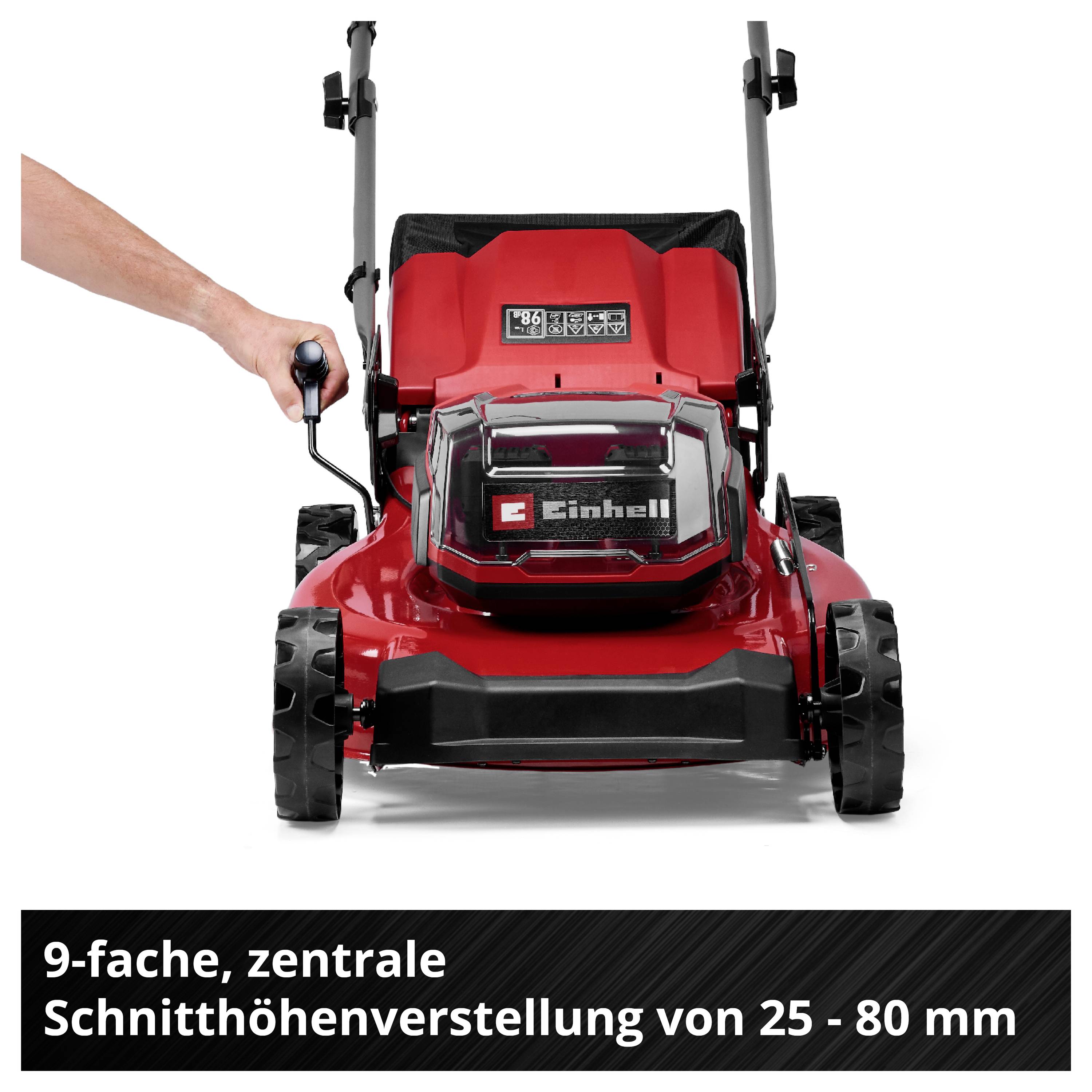 Roter Einhell-Rasenmäher mit Handhebel; Hinweis auf 9-fache zentrale Schnitthöhenverstellung von 25 bis 80 mm.