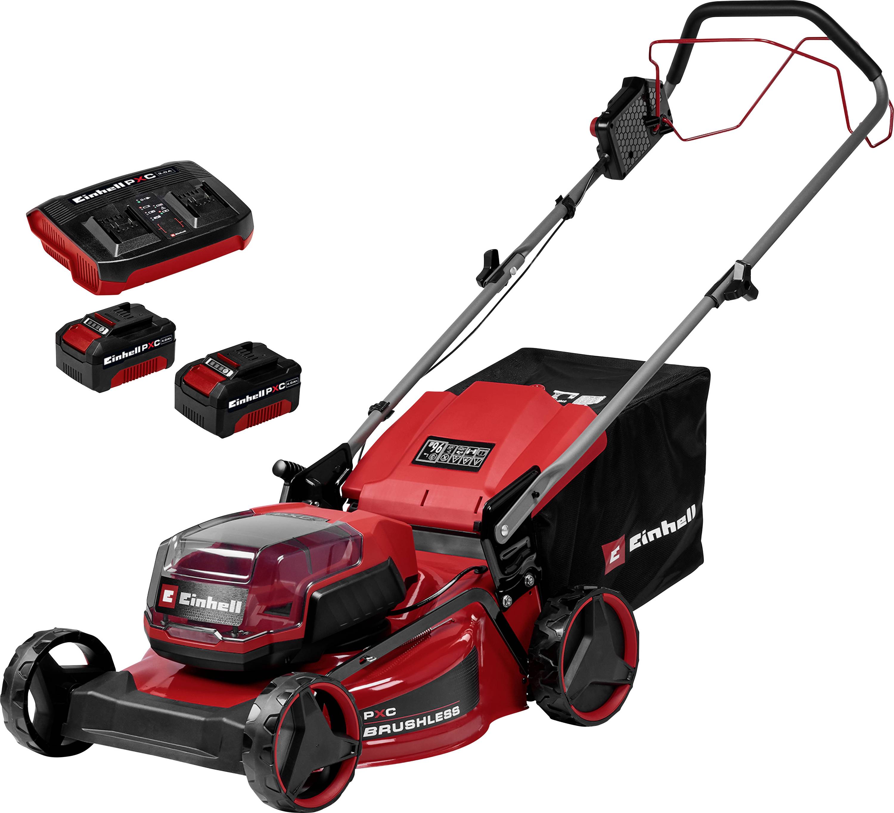 Einhell Akku-Rasenmäher mit Akku, Ladegerät und Grasfangbox auf weißem Hintergrund dargestellt.