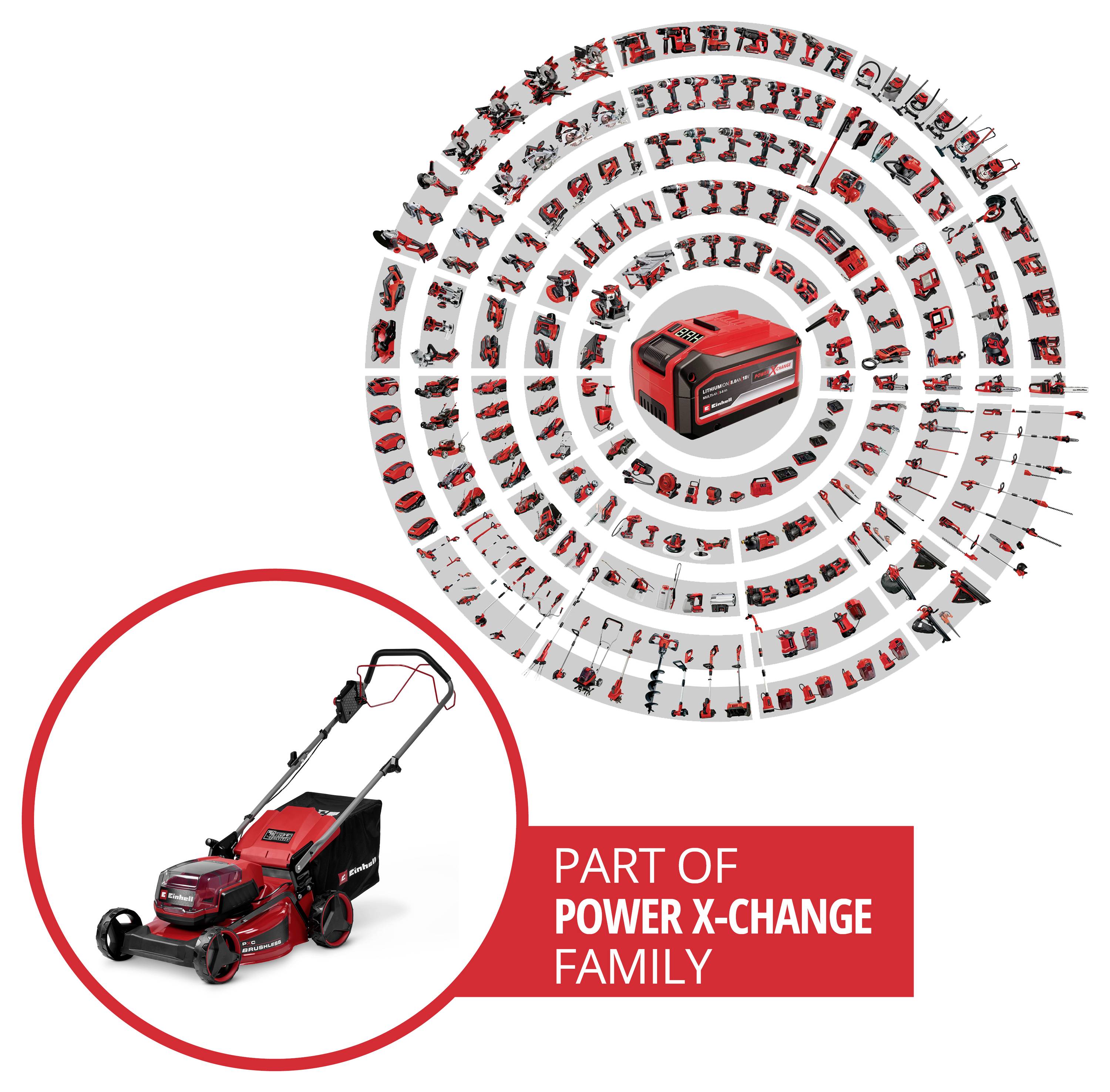 Roter Rasenmäher und Batteriesystem-Anzeige mit der Aufschrift „Teil der Power X-Change Familie
