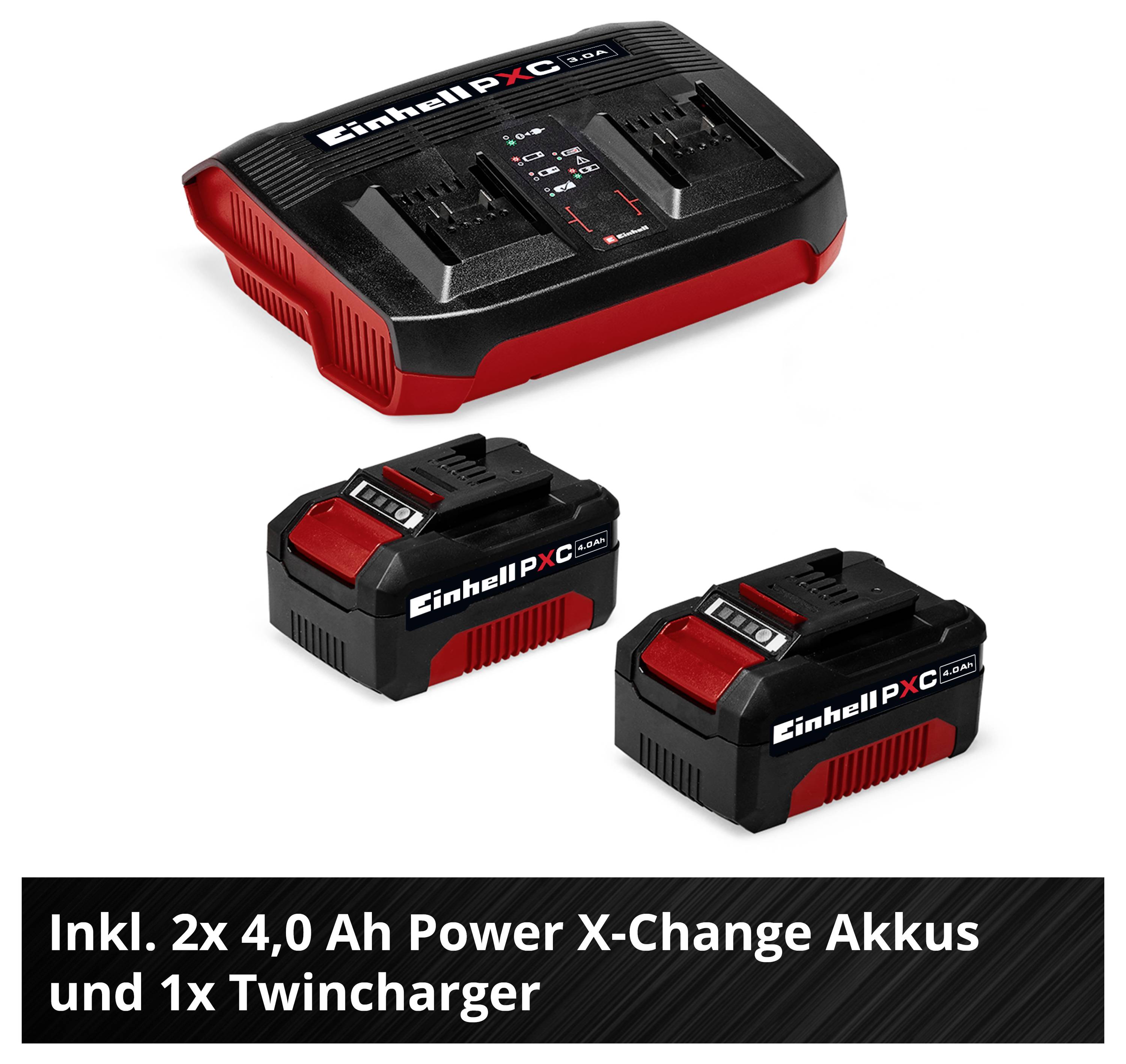 Einhell Power X-Change Akku-Set mit Twincharger und 2x 4,0-Ah-Akkus; Bildtext: 'Inkl. 2x 4,0 Ah Power X-Change Akkus und 1x Twincharger'