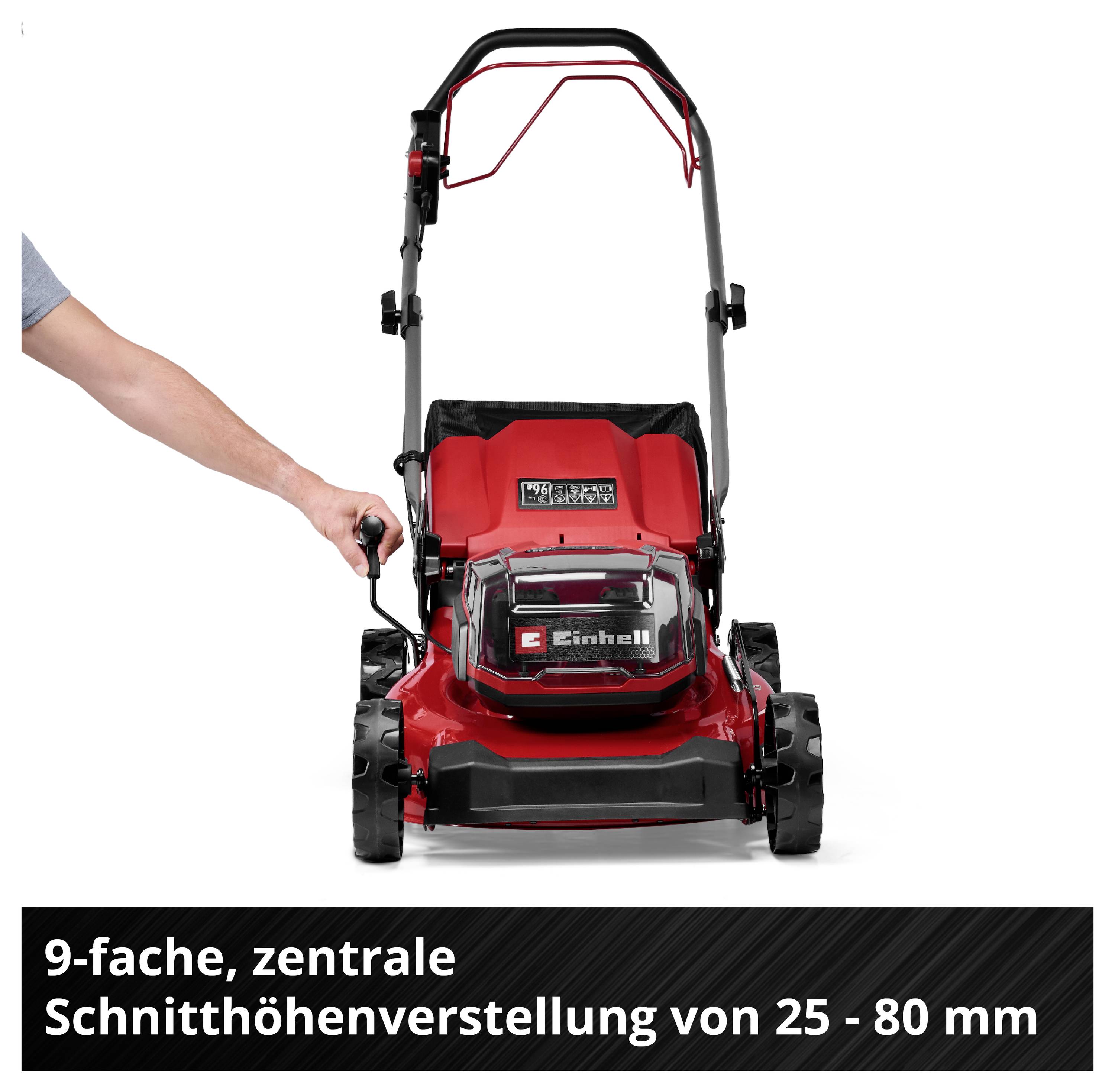 Roter Einhell-Rasenmäher mit Bedienhebel; Text nennt 9-fache, zentrale Schnitthöhenverstellung von 25 bis 80 mm.