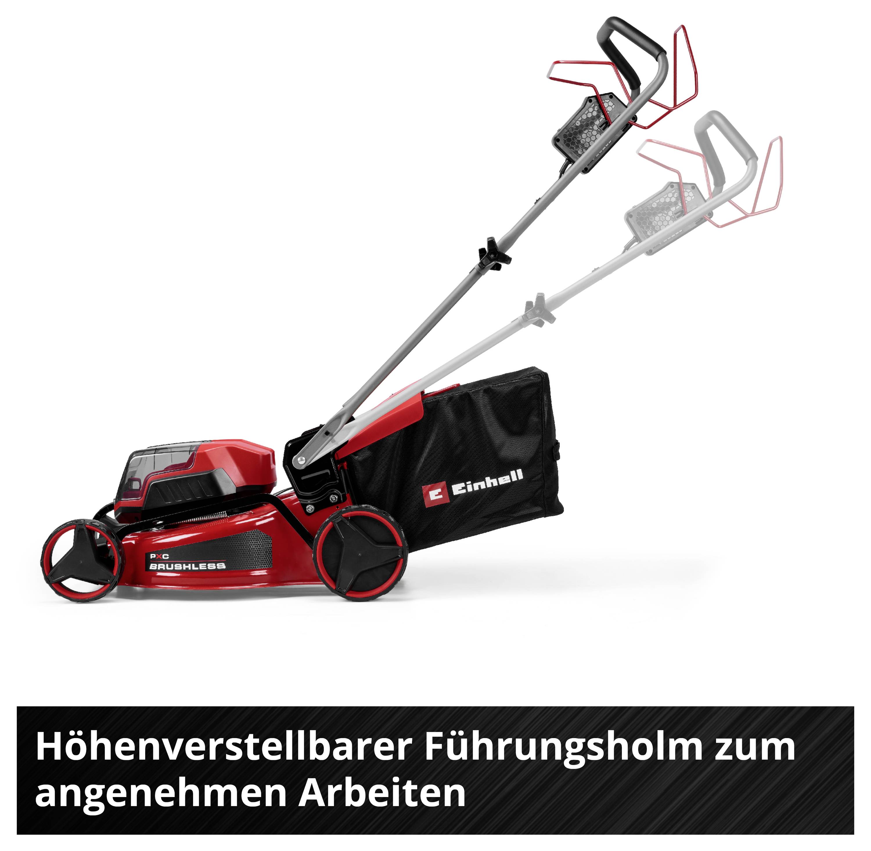 Rasenmäher mit höhenverstellbarem Führungsholm; zwei Positionsbeispiele zeigen verstellbaren Griff für bequemes Arbeiten.