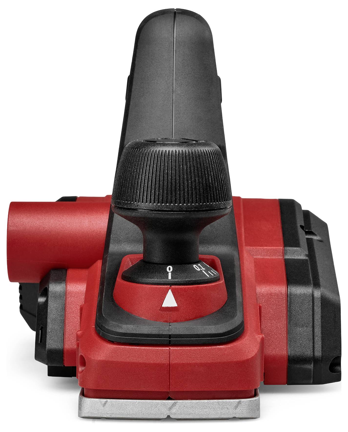 Rotes und schwarzes kabelloses Elektrowerkzeug mit vertikalem Griff und vorderer Basis, abgebildet auf weißem Hintergrund.