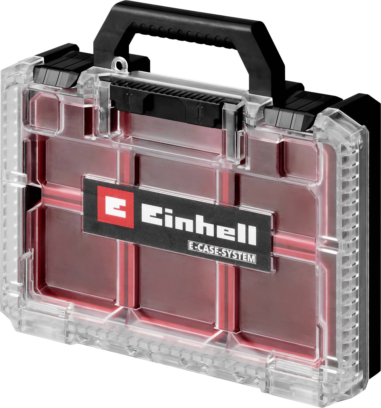 Transparente rote Einhell E-CASE-SYSTEM Werkzeugkiste mit schwarzem Griff und Verschlüssen, dargestellt in einem produktstilisierten Bild auf weißem Hintergrund.