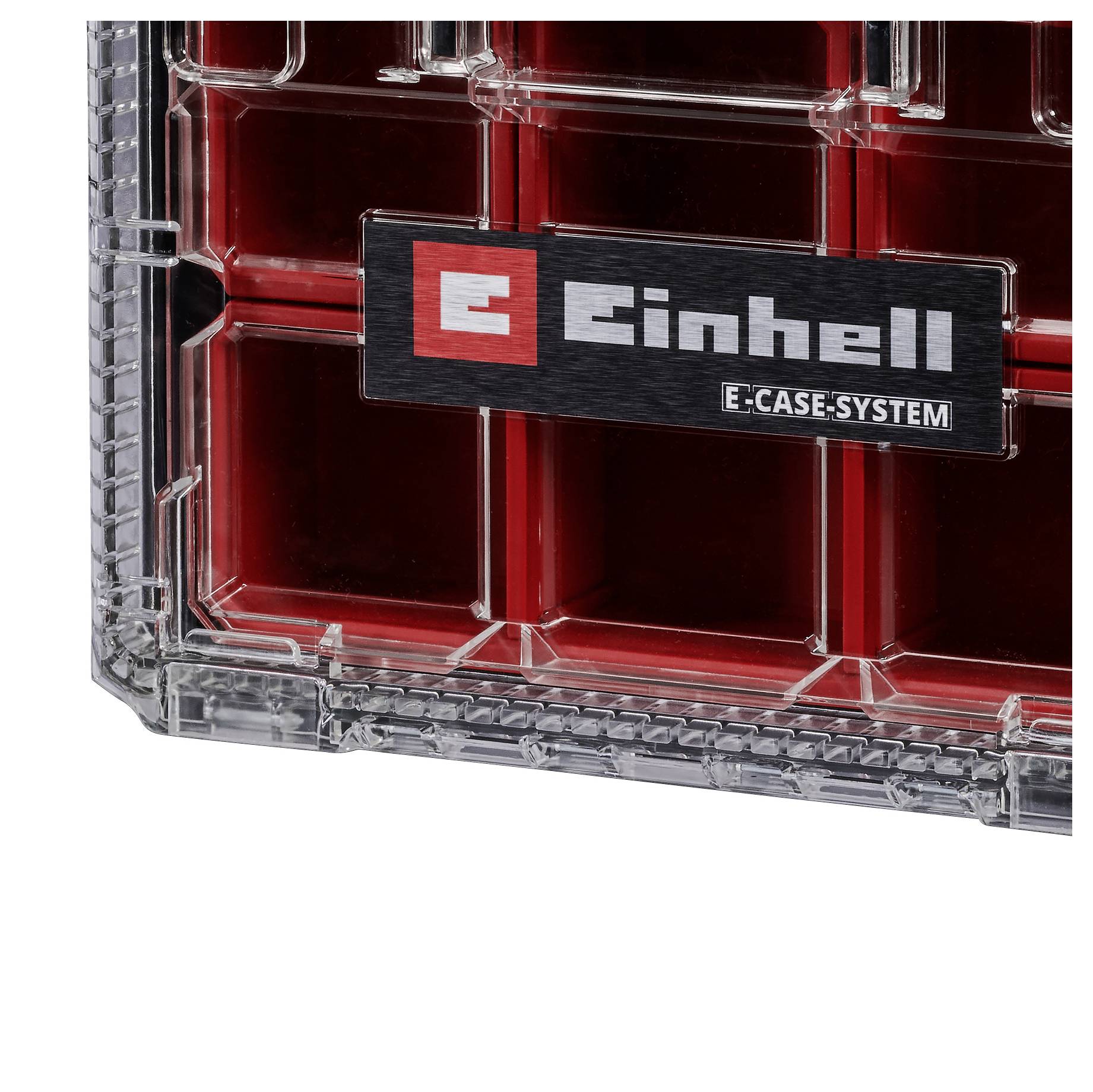 Nahaufnahme einer roten und transparenten Einhell E-Case-System Aufbewahrungsbox mit dem Markenlabel auf der Vorderseite.