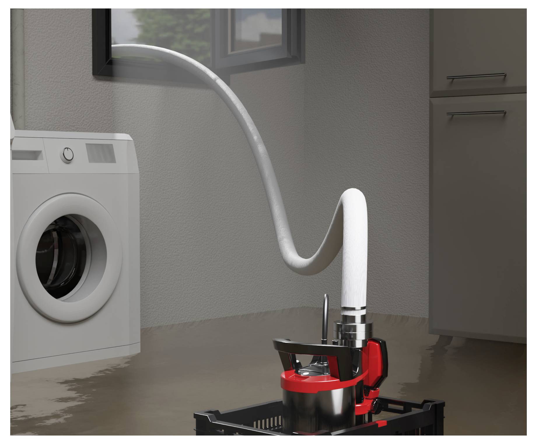 Kompakte rote und schwarze Pumpe, die mit einer Waschmaschine verbunden ist, mit einem weißen Schlauch, der sich nach oben und über die Wand wölbt, was auf Entwässerung oder Wassertransfer hindeutet.