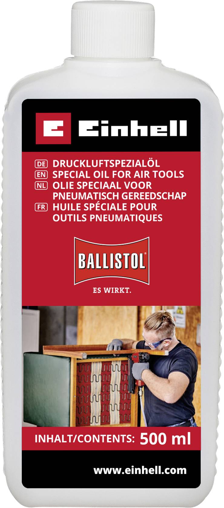 Eine weiße Einhell-Flasche mit speziellem Öl für Druckluftgeräte, gekennzeichnet als „BALLISTOL