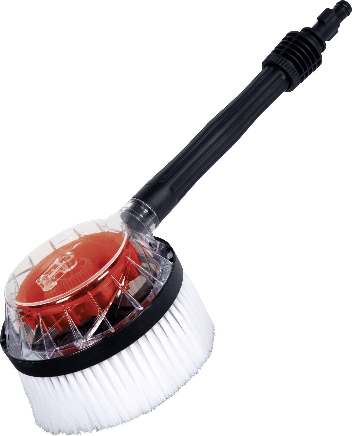 Close-up of a pressure washer rotating brush attachment with red center and white bristles on a black handle, isolated on white background