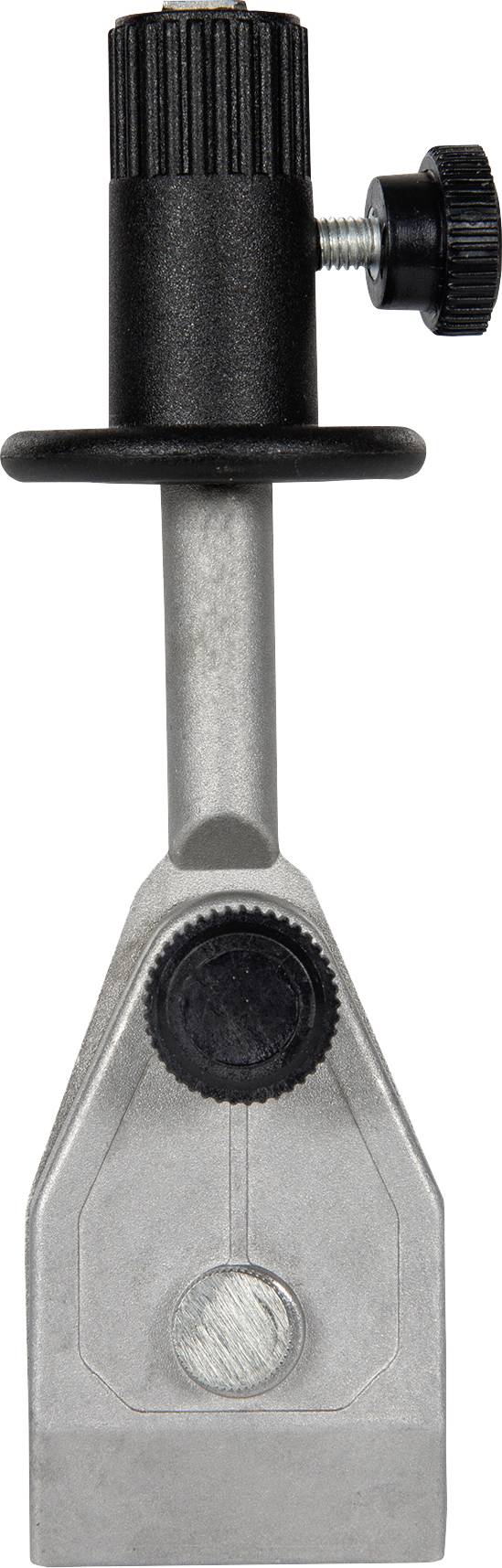 Metallwerkzeug mit einem schwarzen Einstellknopf und klemmähnlicher Oberseite, vertikal auf weißem Hintergrund dargestellt.