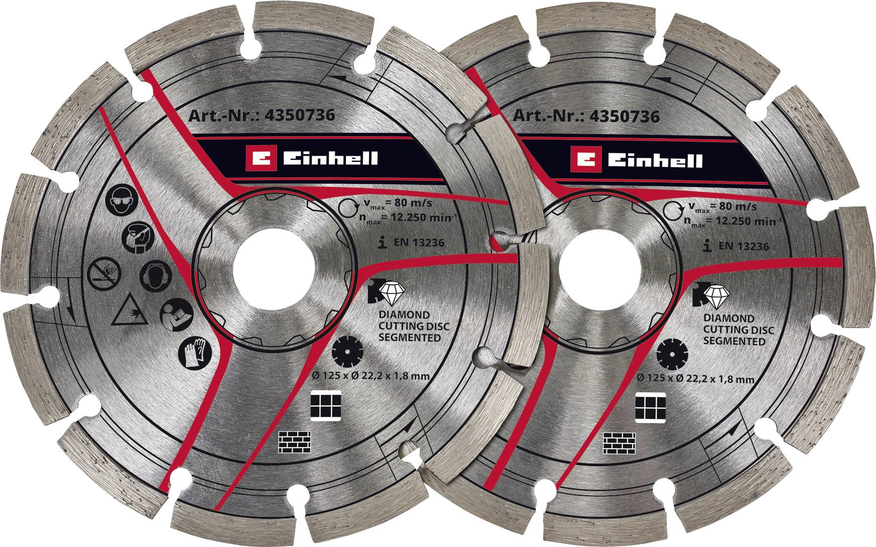 Zwei Einhell-Diamanttrennscheiben mit segmentierten Kanten und roten Verstärkungslinien, gekennzeichnet mit 