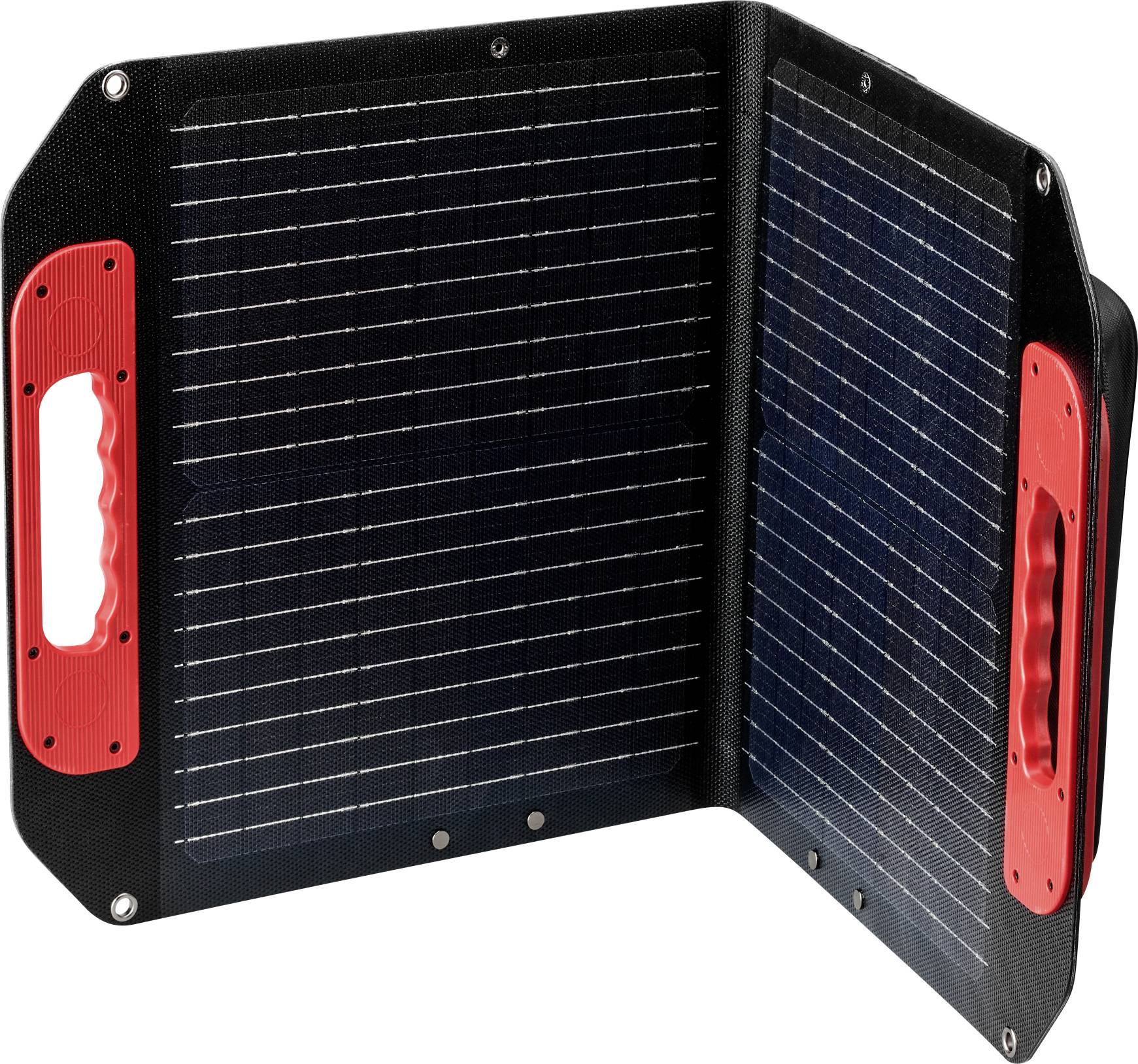 Klappbares schwarzes Solarpanel mit roten Griffen, geöffnet in Akkordeonform auf weißem Hintergrund.