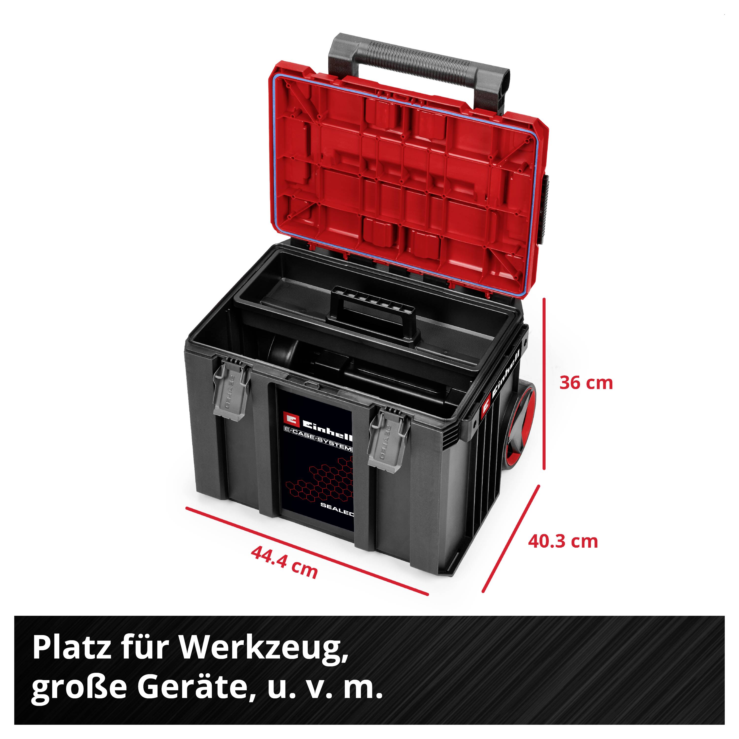 Offene Werkzeugbox mit rotem Deckel und Griff; zeigt Maße 44,4 cm, 40,3 cm und 36 cm sowie den Text 'Platz für Werkzeug, große Geräte, u. v. m.'
