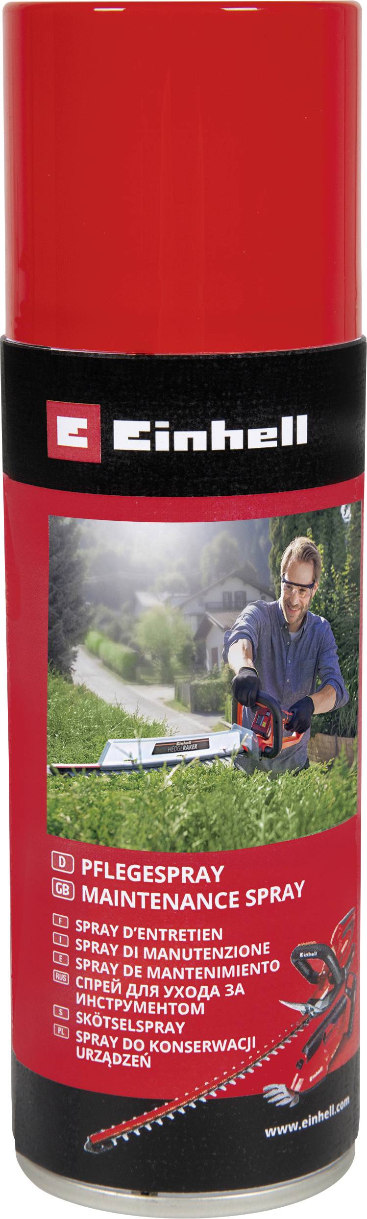 Einhell 'Pflegespray' Wartungsspray in einer Dose, rot und schwarz, mit einem Foto eines Mannes, der auf dem Etikett eine Heckenschere benutzt.