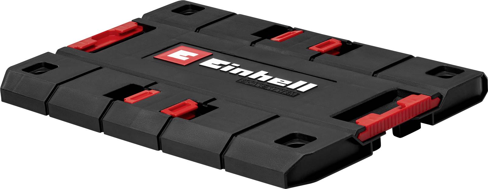 Schwarzer Einhell-Werkzeugkoffer mit roten Verschlüssen und geformtem Griff, geschlossen auf weißem Hintergrund dargestellt.