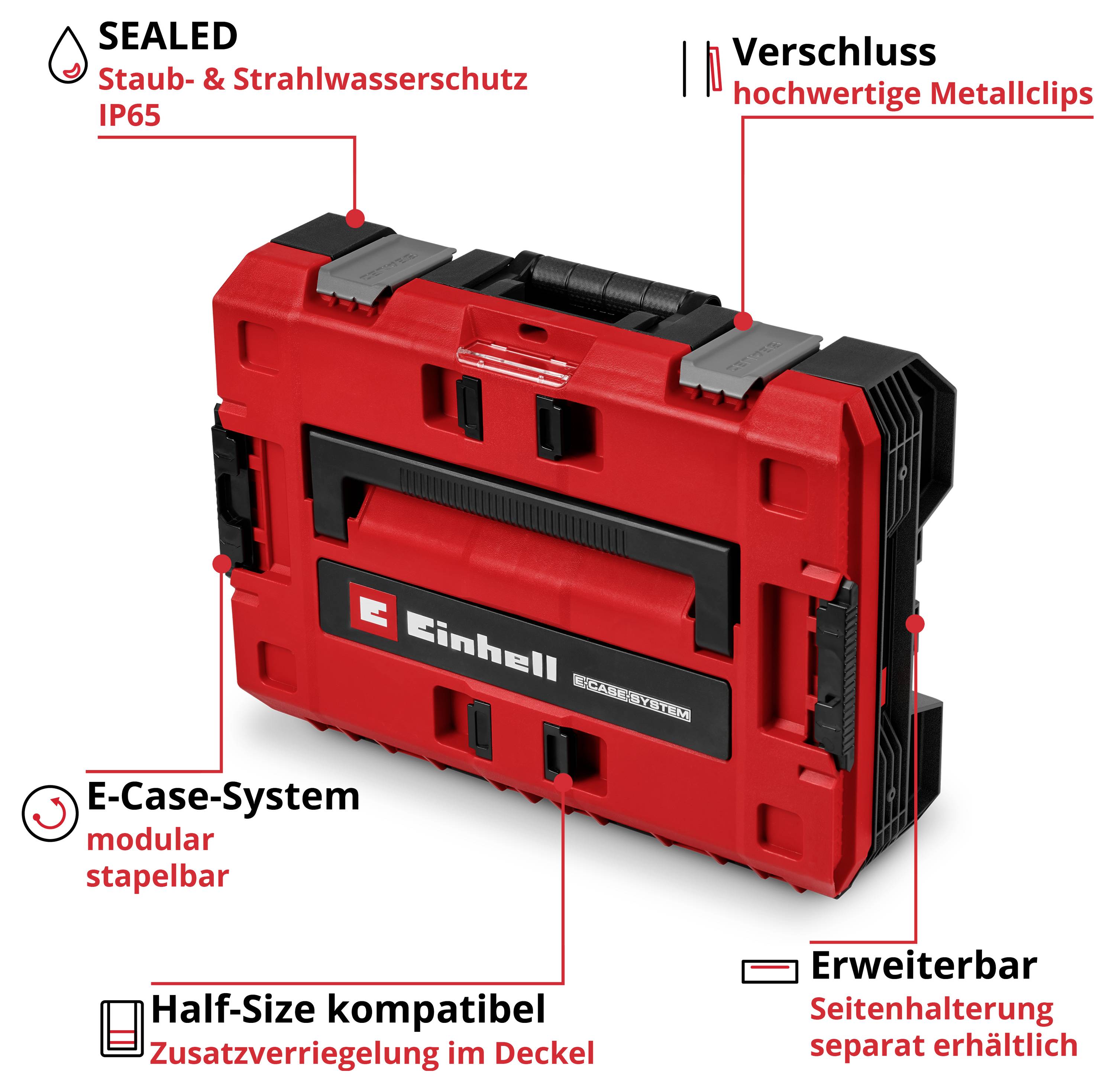 Produktbild eines roten Einhell E-Case-System-Koffers mit Funktionshinweisen: IP65 staub- und strahlwassergeschützt, Metallclips, modular stapelbar, erweiterbar und Half-Size-kompatibel.