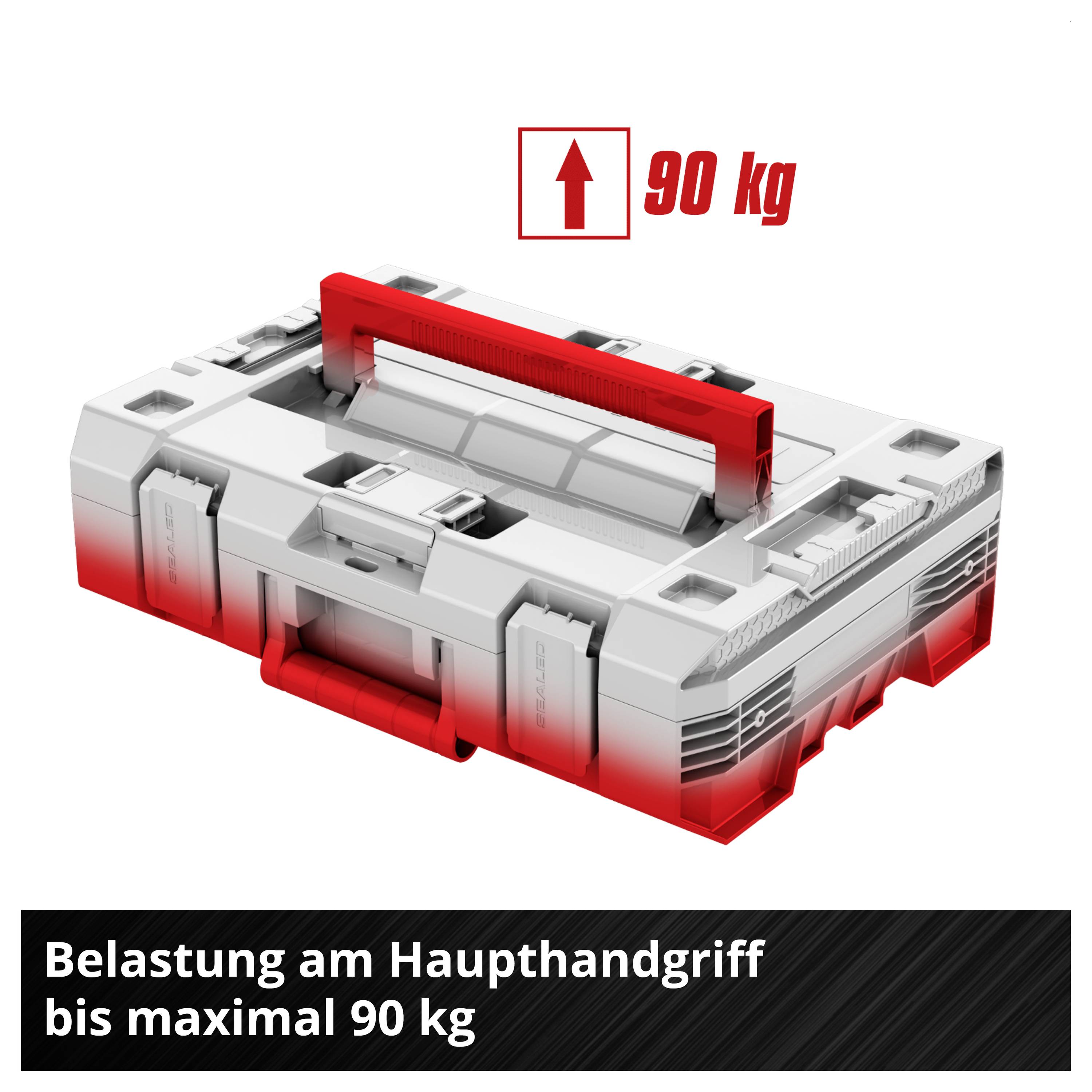 Tragkoffer mit Hauptgriff; zulässige Belastung bis maximal 90 kg.