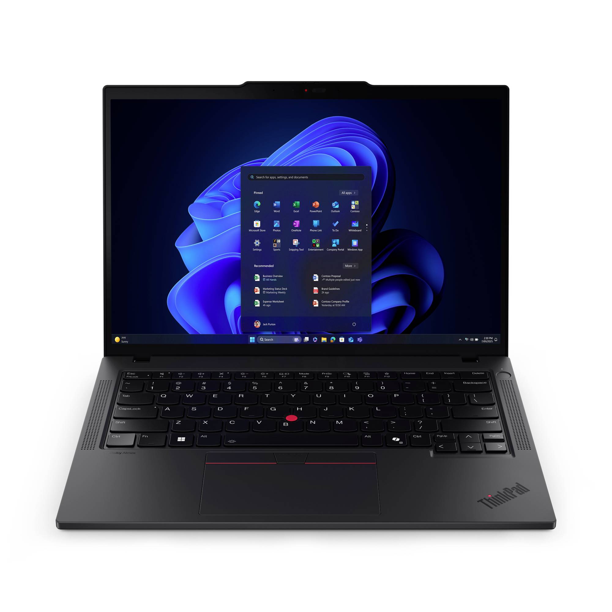Schwarzes Lenovo ThinkPad-Laptop offen auf weißem Hintergrund, zeigt den Windows 11-Desktop mit geöffnetem Startmenü.