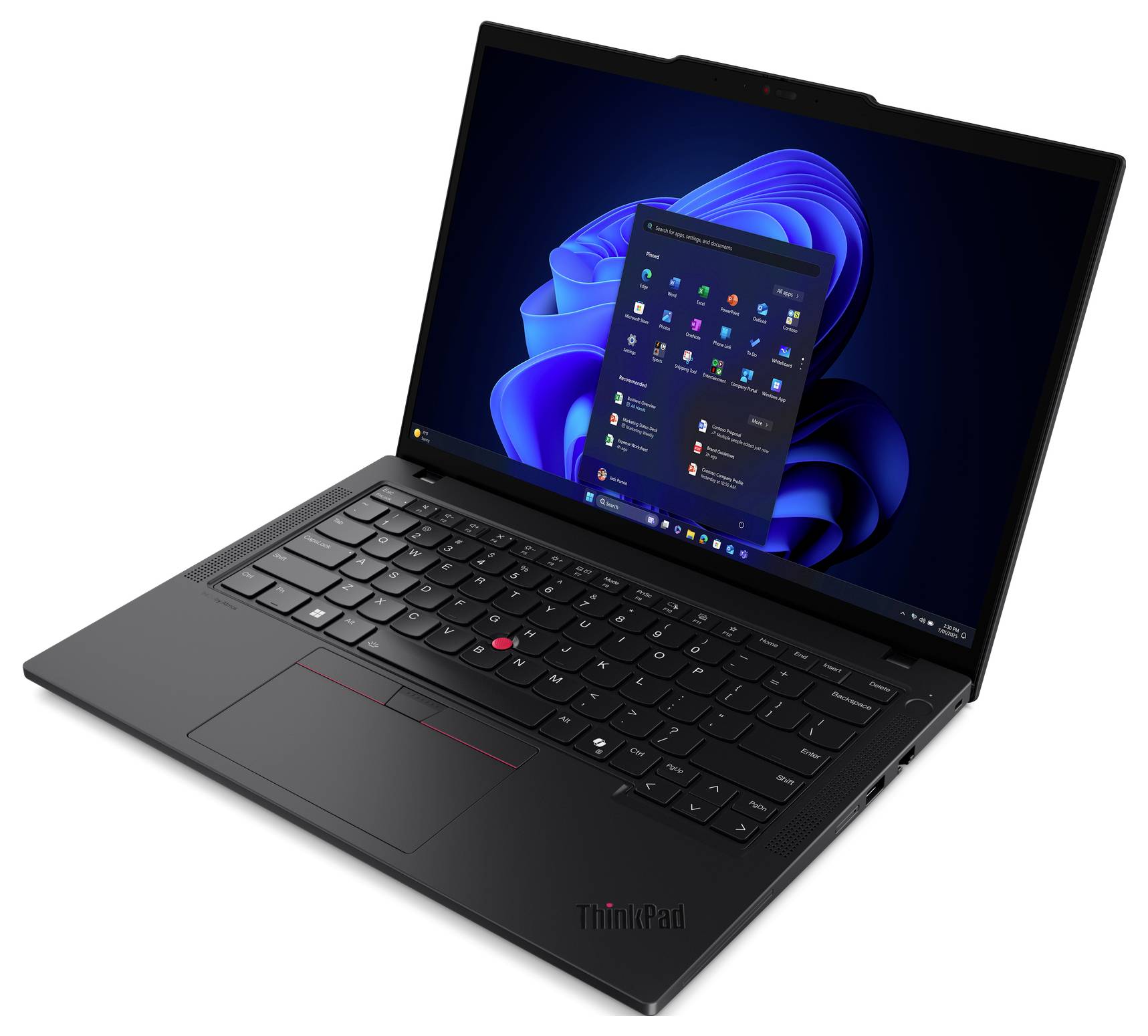 Schwarzes ThinkPad-Laptop, geöffnet mit Windows 11-Desktop und Startmenü auf dem Bildschirm angezeigt.
