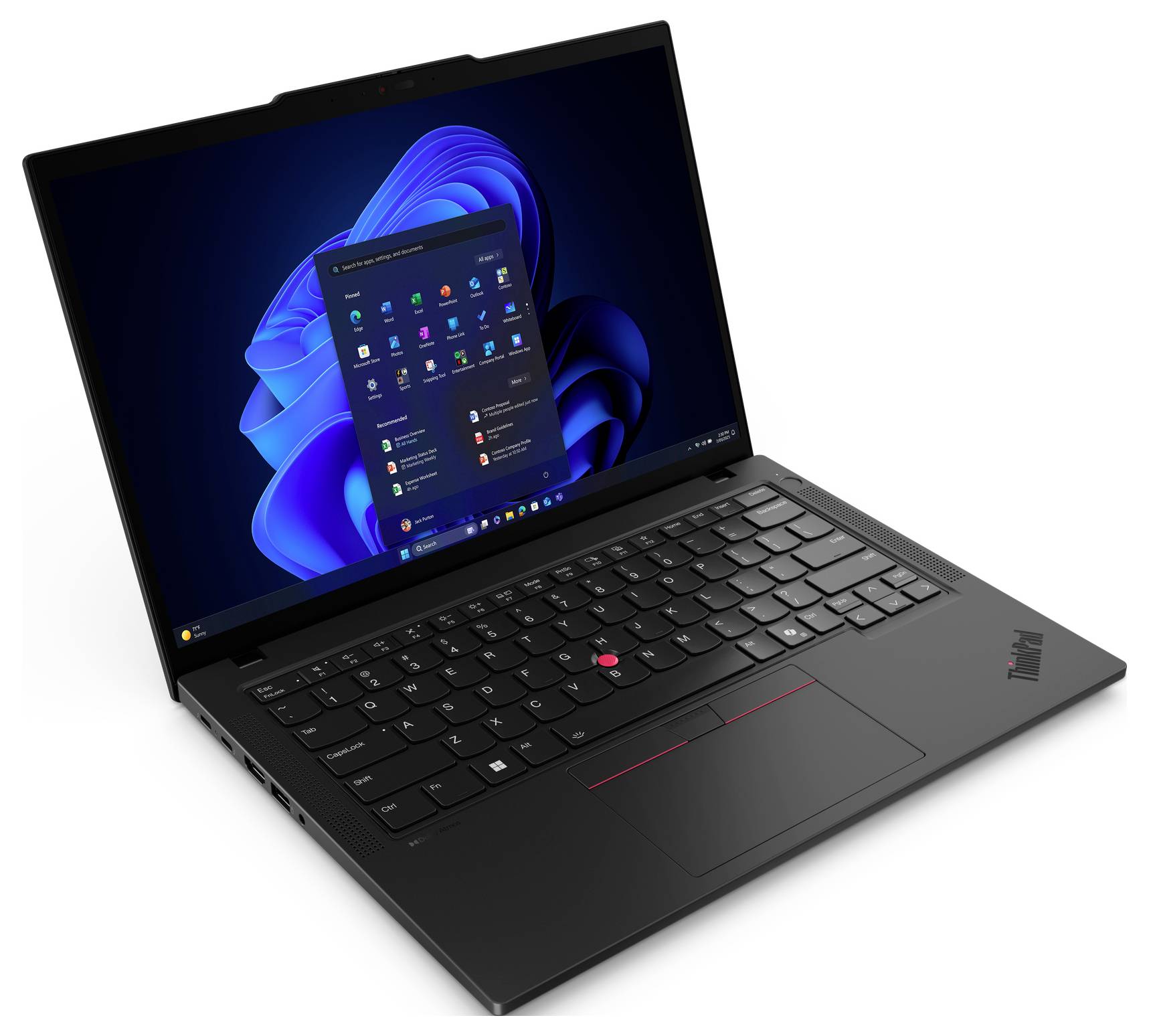 Schwarzer Lenovo ThinkPad Laptop, der im Winkel geöffnet ist und den Windows 11-Desktop und das Startmenü auf dem Bildschirm zeigt.