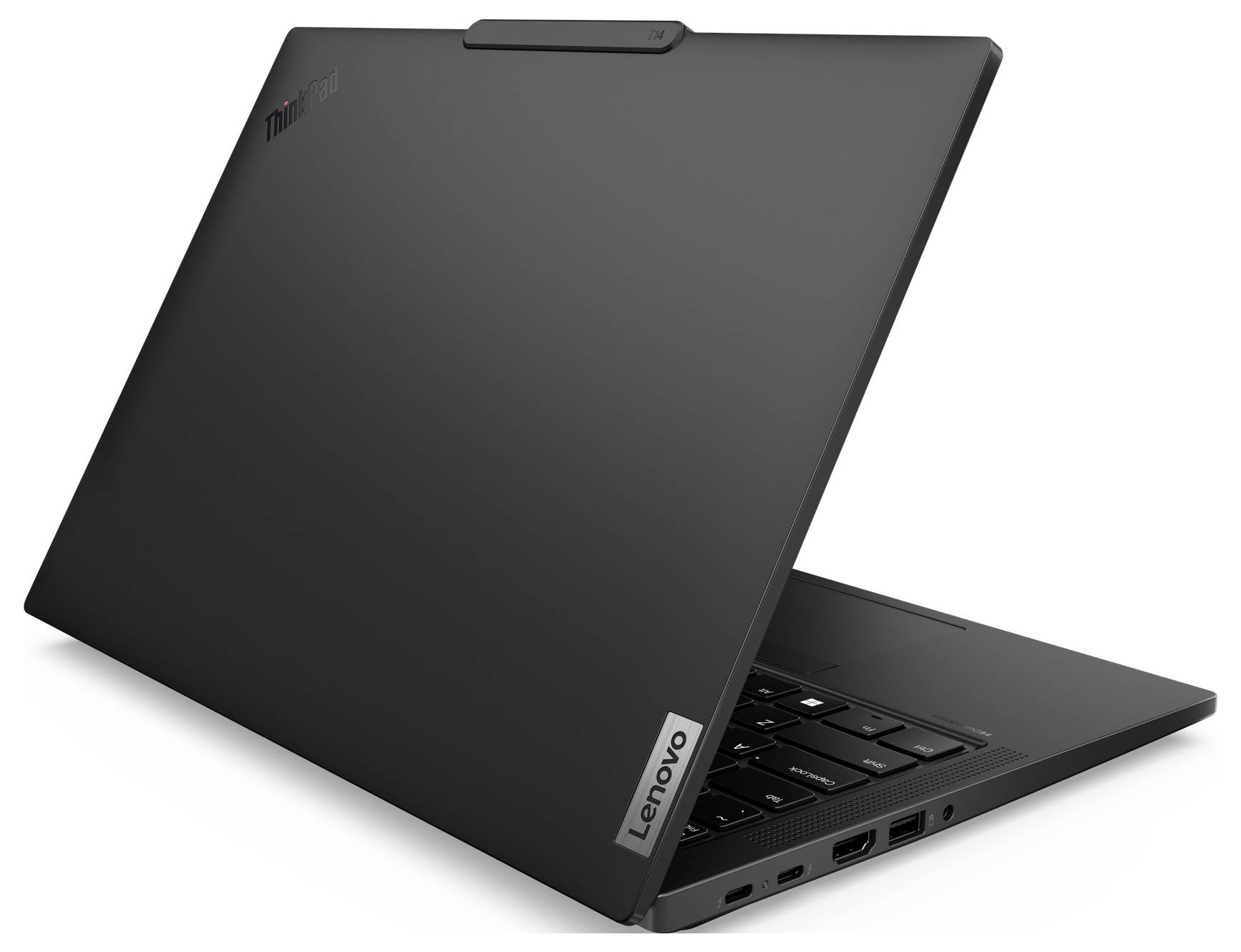 Schwarzes Lenovo ThinkPad-Laptop, teilweise geöffnet auf weißem Hintergrund gezeigt, mit sichtbarer Tastatur und seitlichen Anschlüssen.