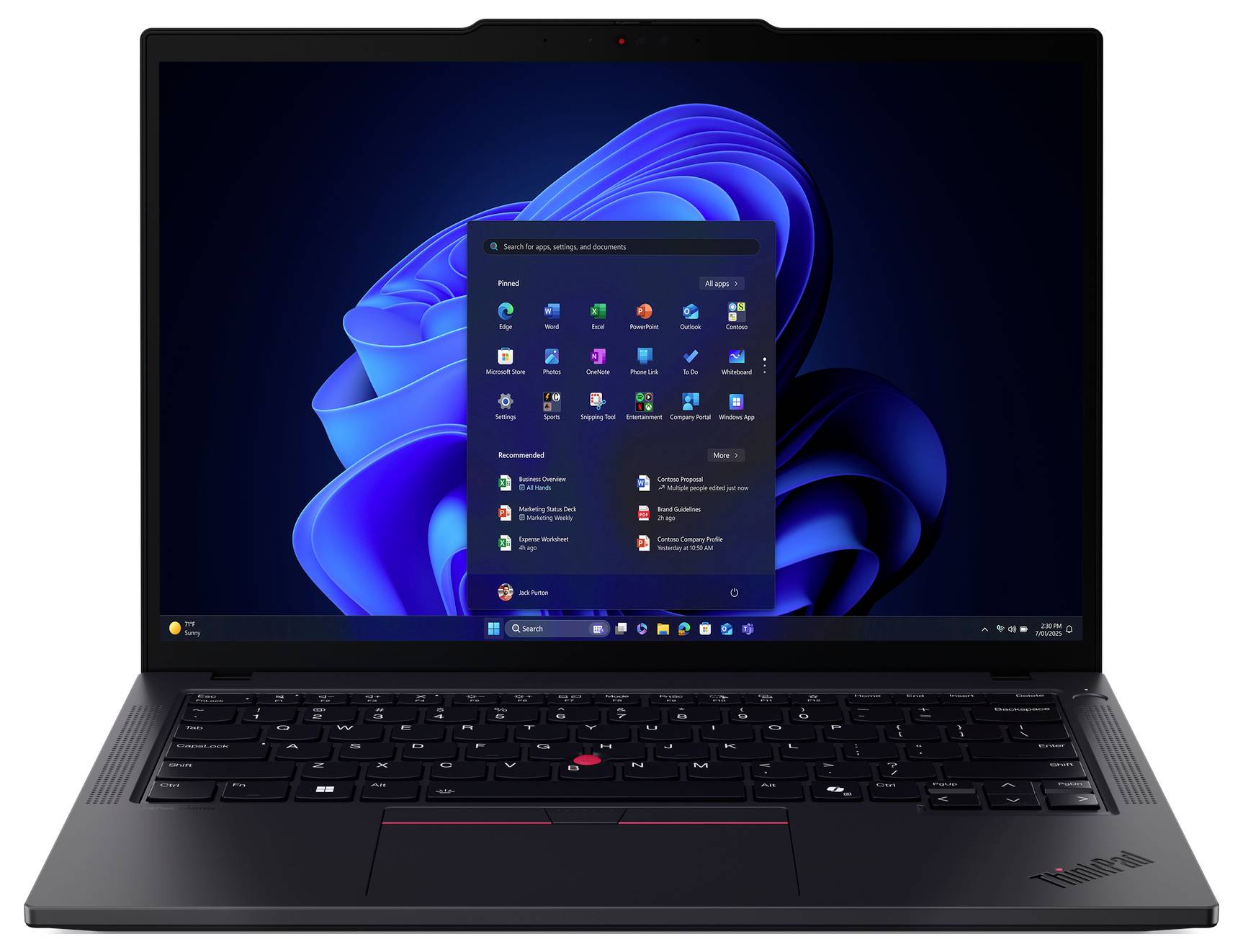 Ein Lenovo ThinkPad Laptop, der den Windows 11 Desktop mit geöffnetem Startmenü anzeigt.