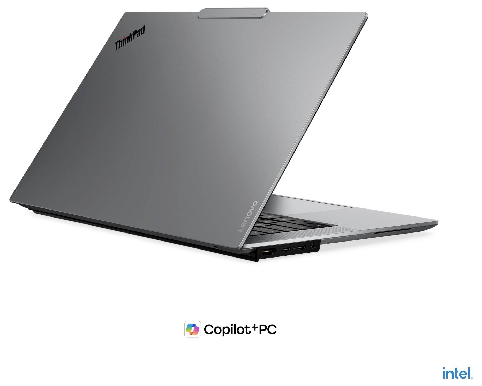 Grauer Lenovo ThinkPad Laptop teilweise geöffnet auf weißem Hintergrund, mit den Logos 