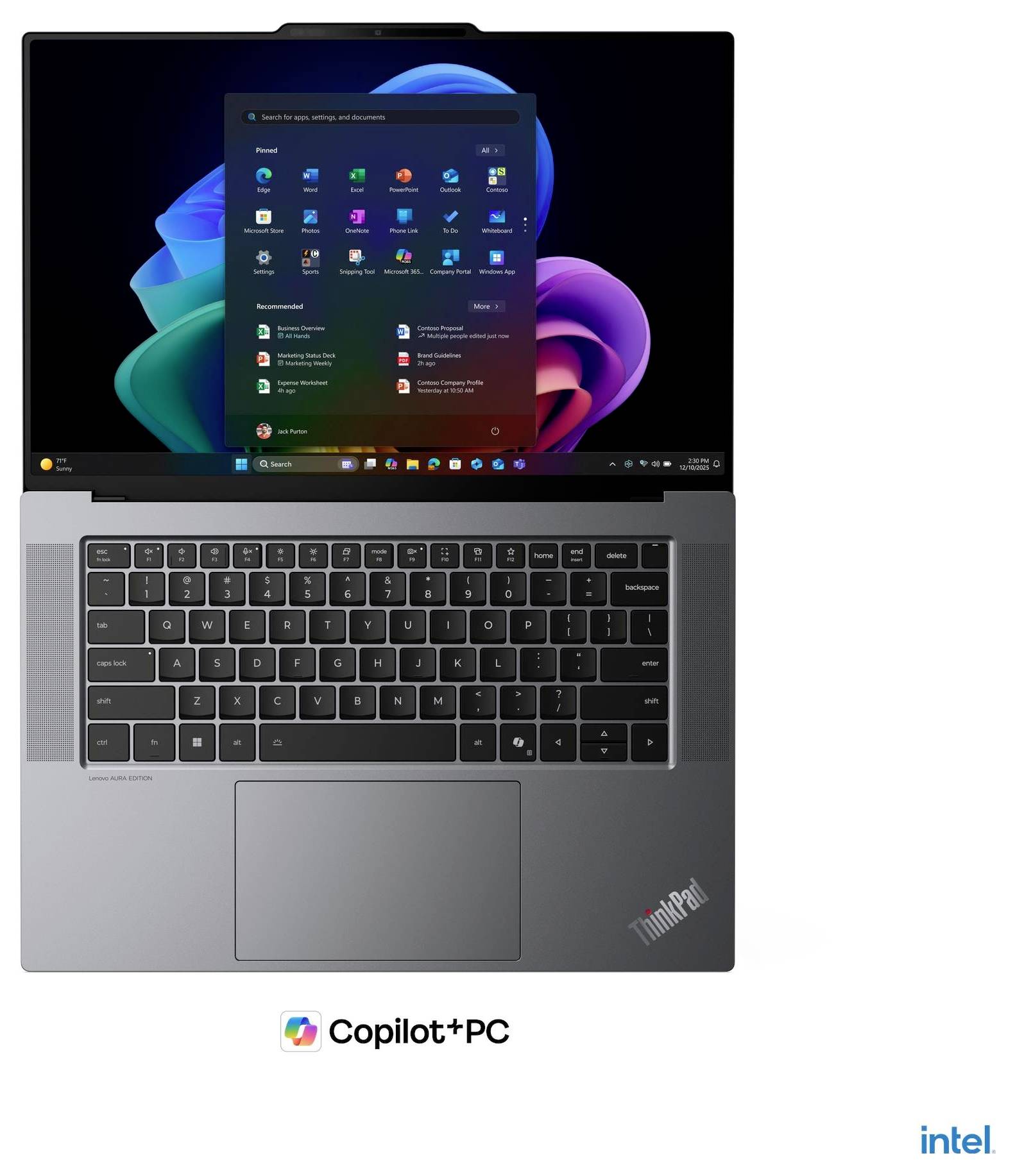 Draufsicht auf einen Lenovo ThinkPad-Laptop mit Windows 11 offen und 