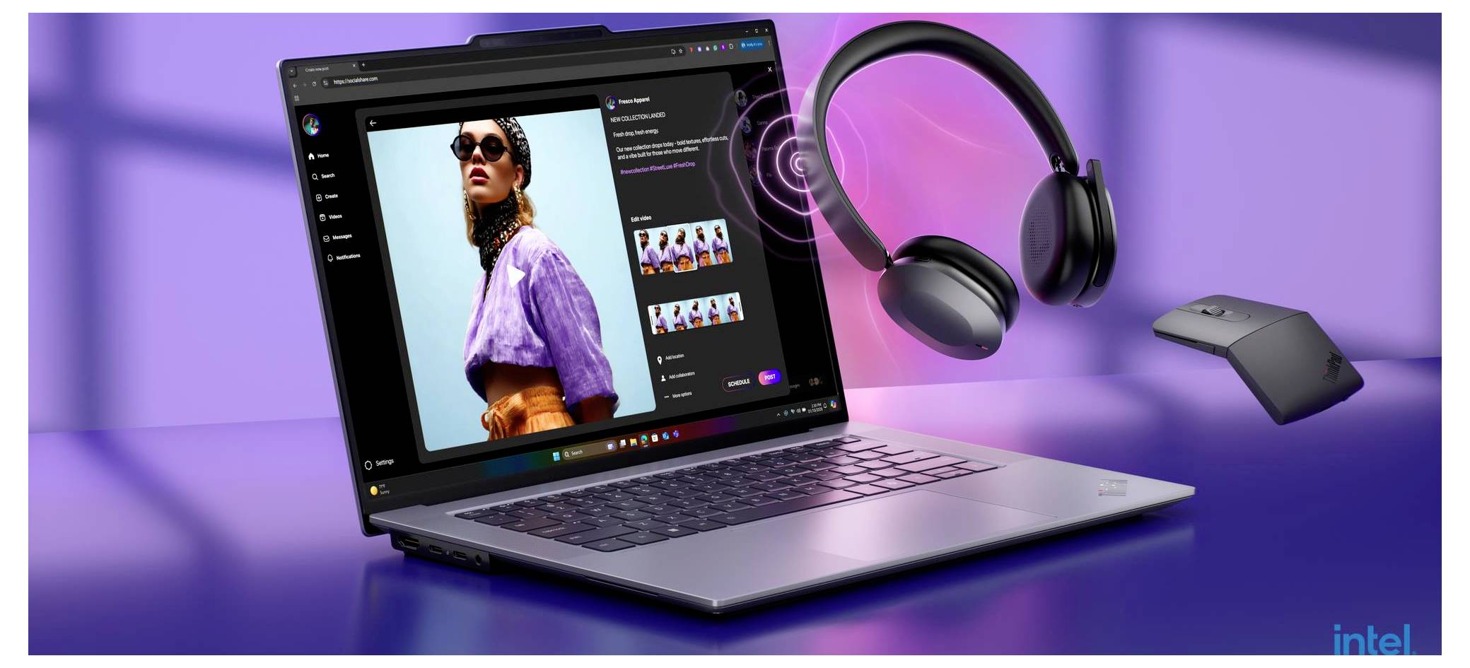 Laptop zeigt eine Foto-Bearbeitungs-App mit einem Porträt an, daneben kabellose Kopfhörer und eine Maus auf violettem Hintergrund.