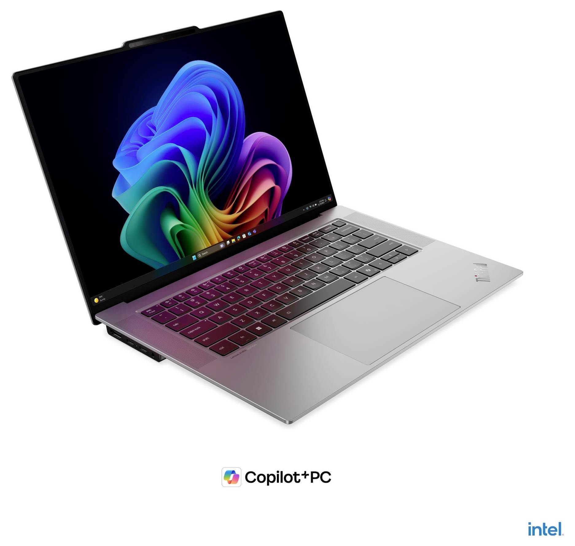 Silberner Laptop mit farbenfroher abstrakter Tapete, gekennzeichnet mit „Copilot+ PC