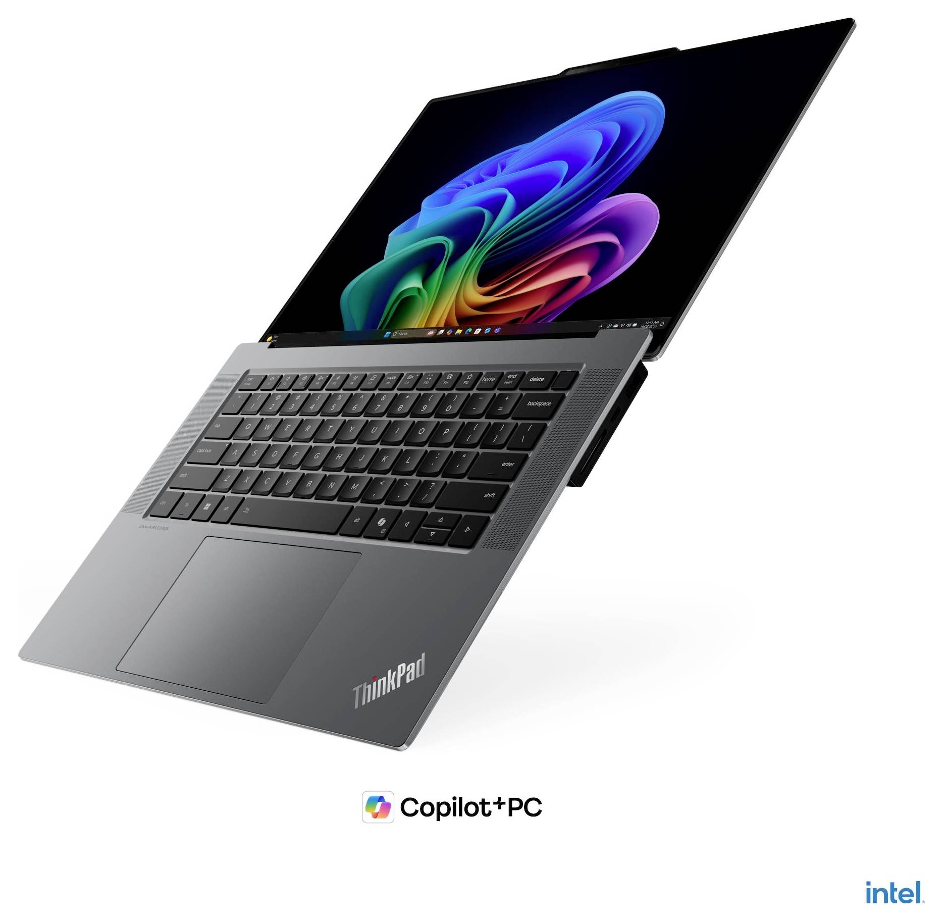 Lenovo ThinkPad Laptop in schräger offener Ansicht mit farbenfrohem abstraktem Bildschirm und „Copilot+ PC
