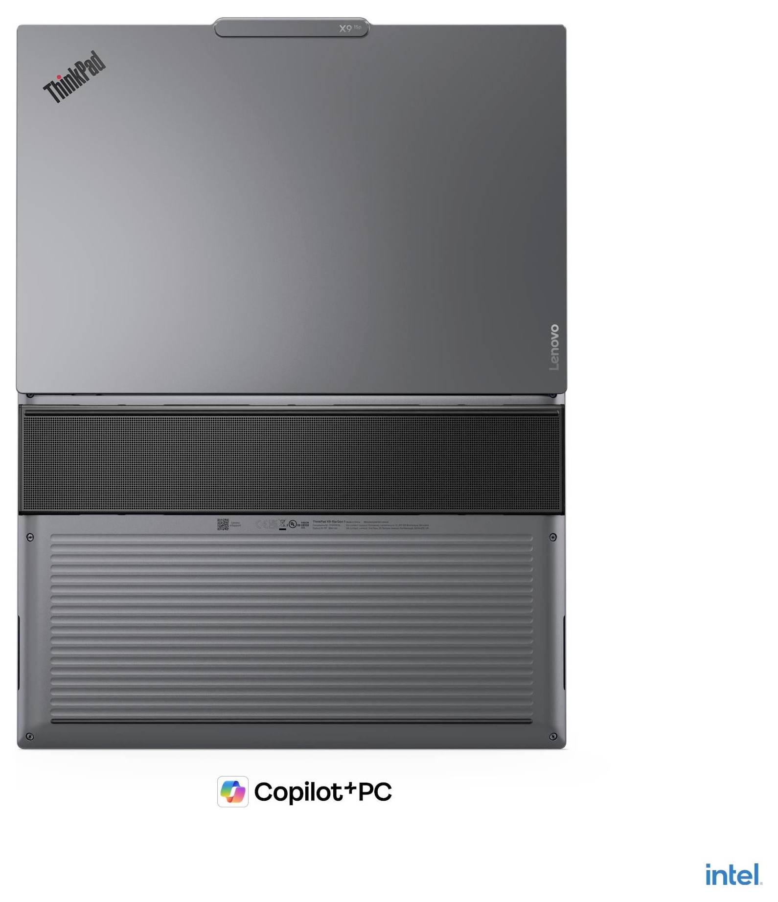 Geschlossener grauer Lenovo-Laptop in Seitenansicht mit Copilot+ PC und Intel-Branding auf weißem Hintergrund.