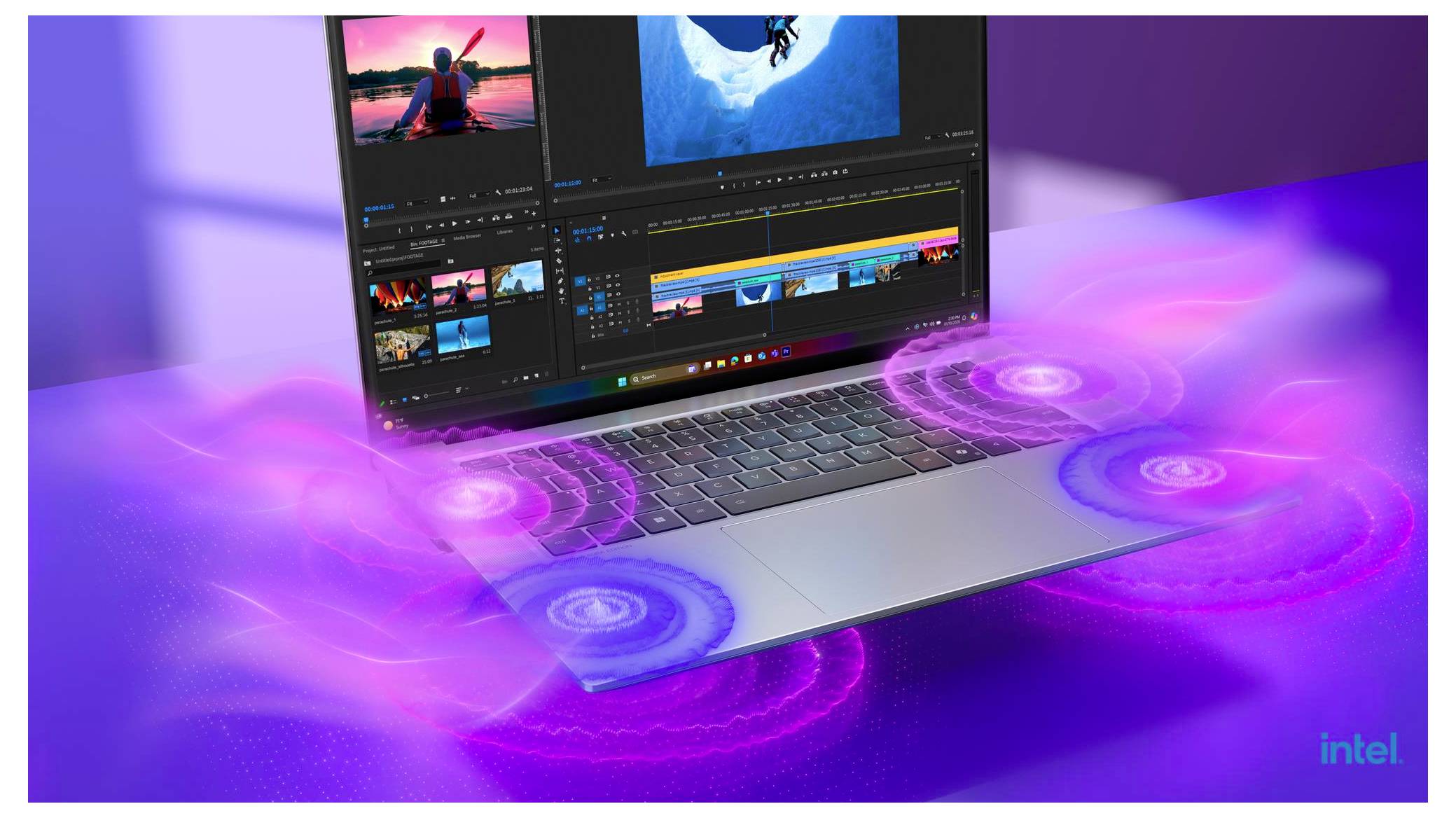 Laptop zeigt Videobearbeitungssoftware an, mit leuchtenden violetten und blauen datenähnlichen Wellen, die darum herum fließen, und einem Intel-Logo in der Ecke.