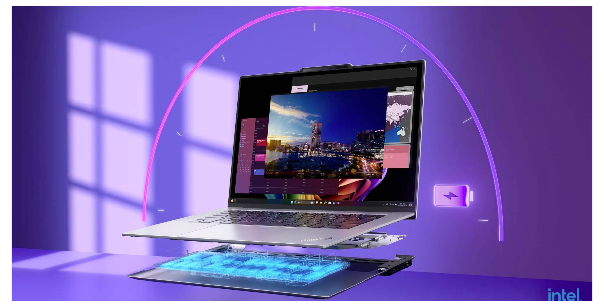 Explodierte Ansicht eines Laptops mit schwebendem Bildschirm und Komponenten, zeigt eine Stadtlandschaft auf dem Display und Intel-Branding in der Ecke.