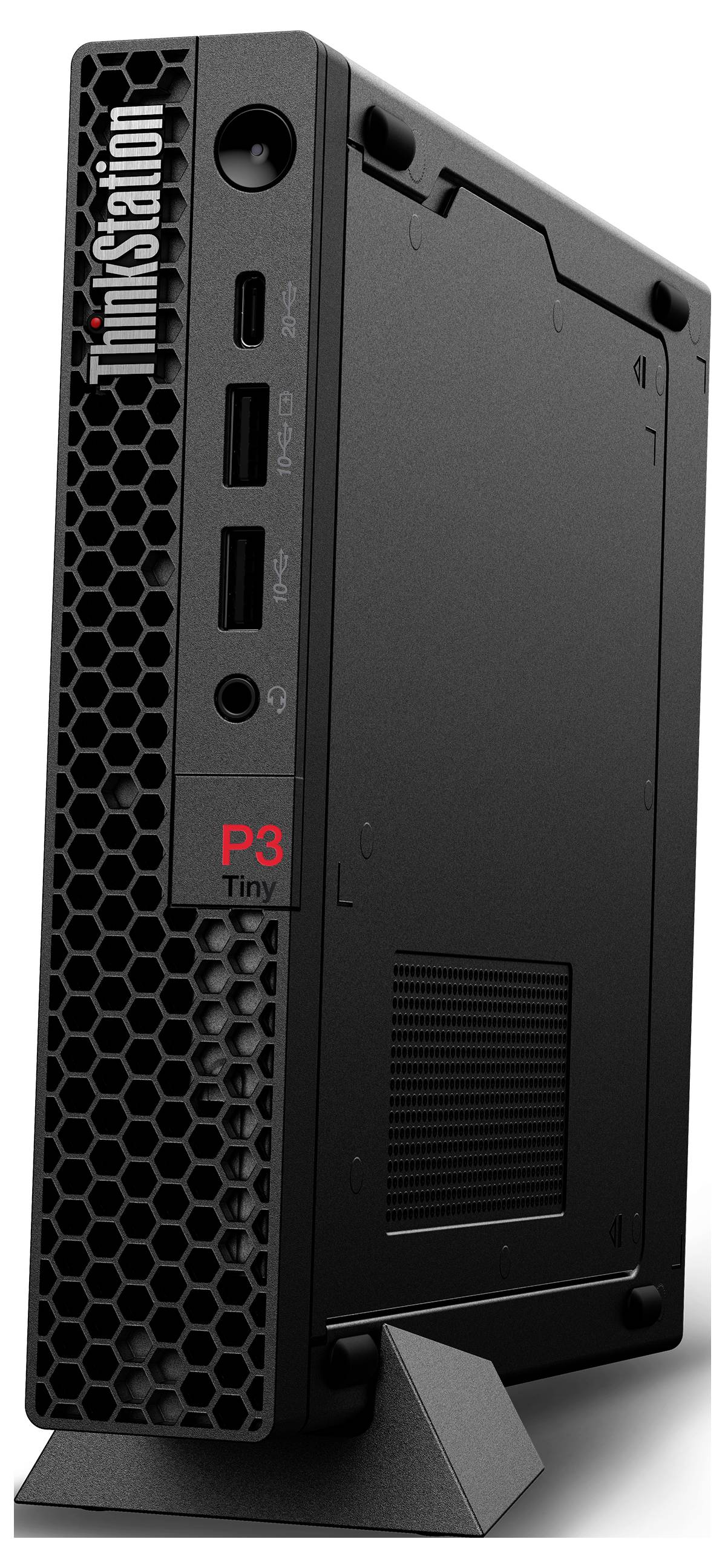 Schwarzer ThinkStation P3 Tiny kompakter Desktop-Computer von hinten/Seite gezeigt, mit Lüftungsöffnungen, mehreren USB-Anschlüssen, Audiobuchse und Ständer