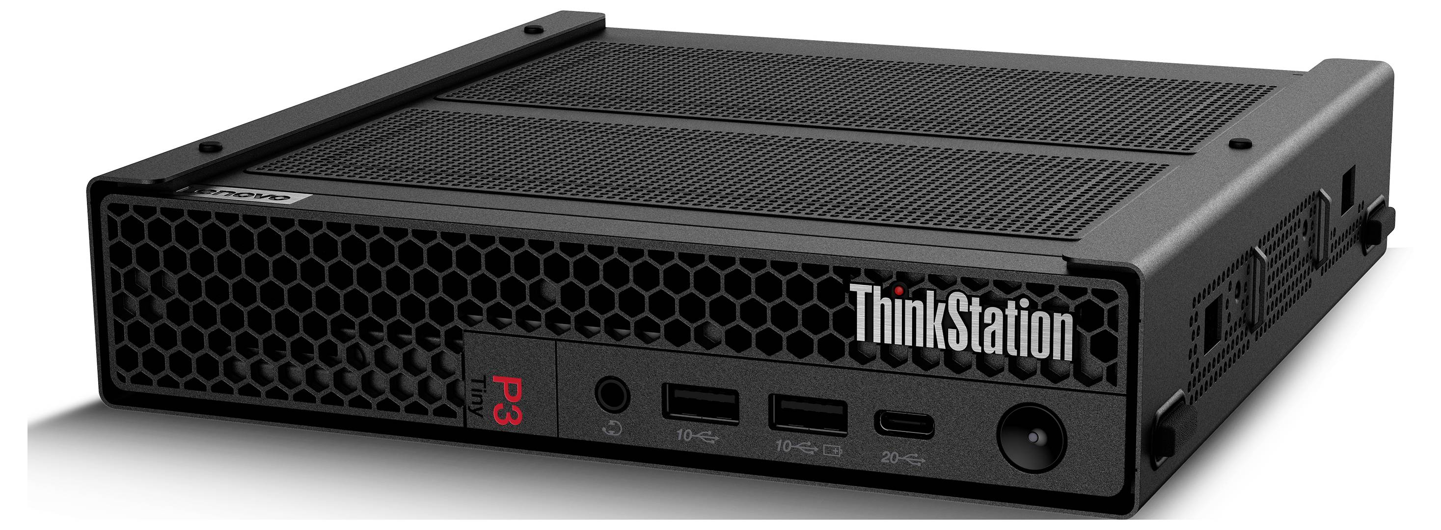 Schwarzer Lenovo ThinkStation P3 Small-Form-Factor-Desktop-Computer-Tower in perspektivischer Ansicht, mit sichtbaren Frontanschlüssen und Einschalter.