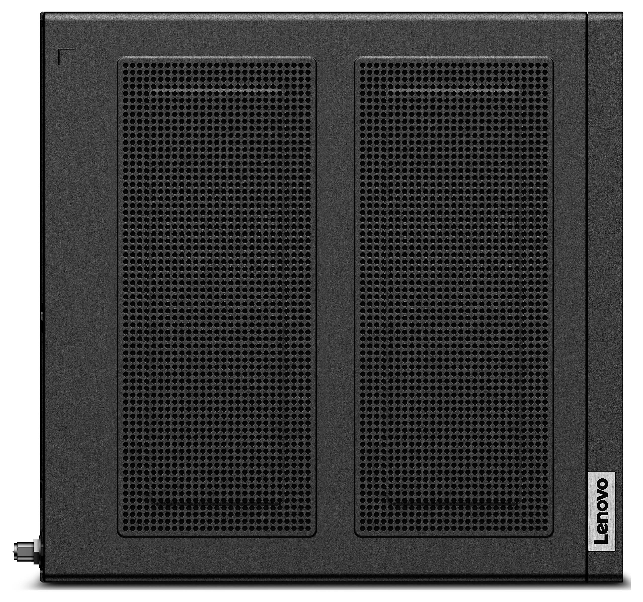 Schwarzes Lenovo-Computergehäuse oder Mini-PC mit zwei großen perforierten Frontpaneelen und einem Logo unten rechts.