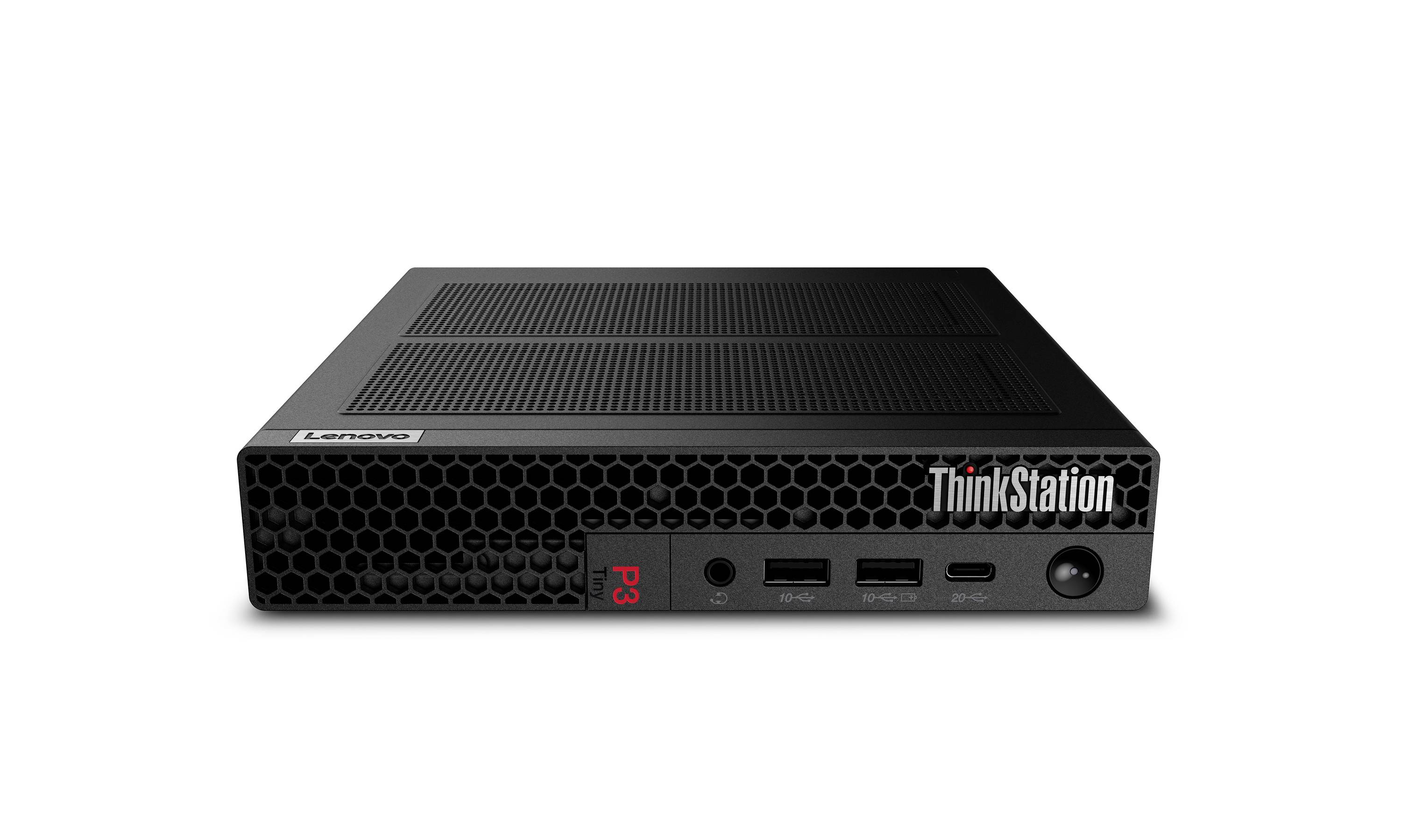Lenovo ThinkStation P3 kompakte Desktop-Workstation in Frontansicht, mit Wabenlüftung, USB-Anschlüssen und Ein-/Ausschalter.