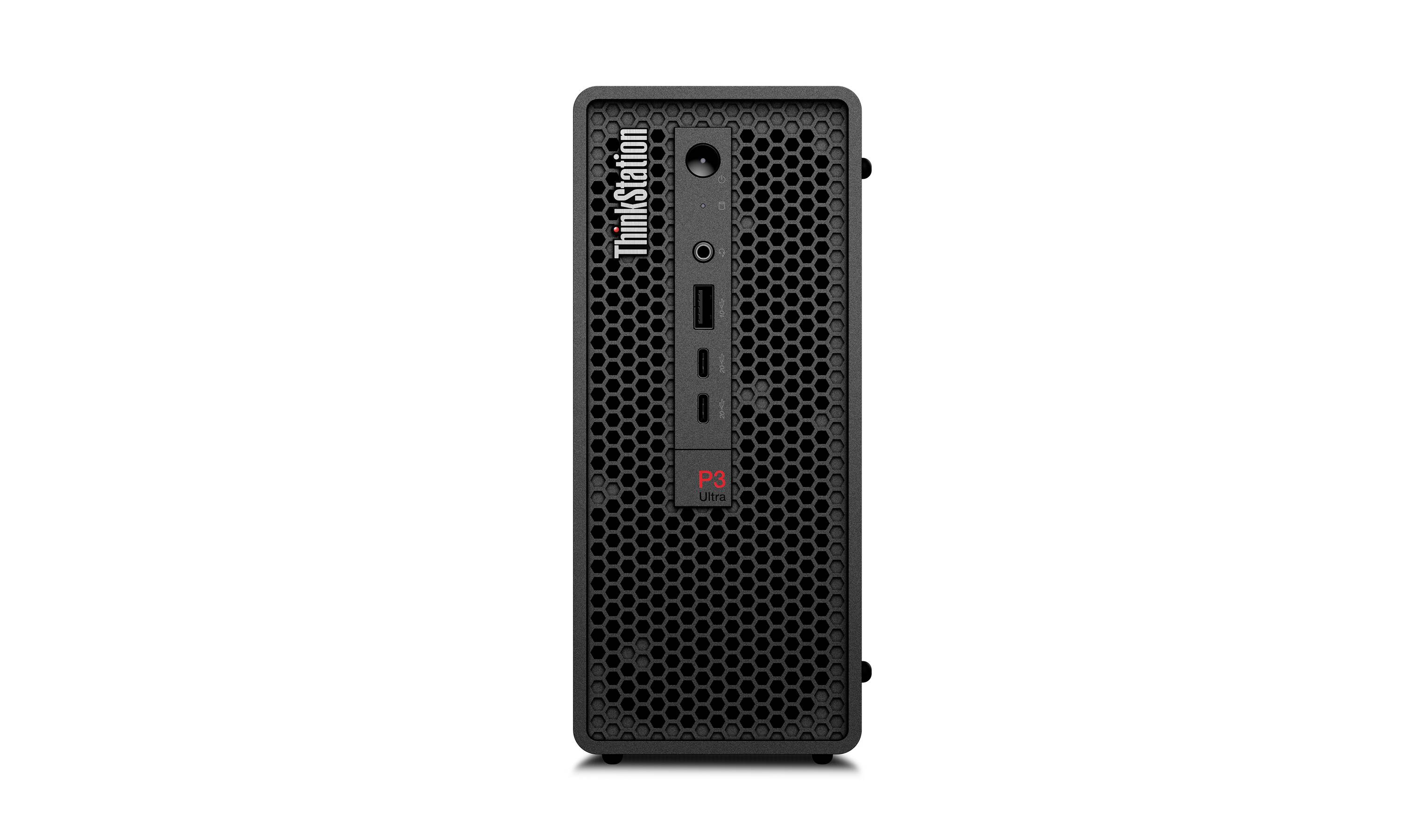 Vorderansicht eines schwarzen ThinkStation P3 Tower-Workstation mit Wabengitter-Frontblende und Lenovo-Logo.