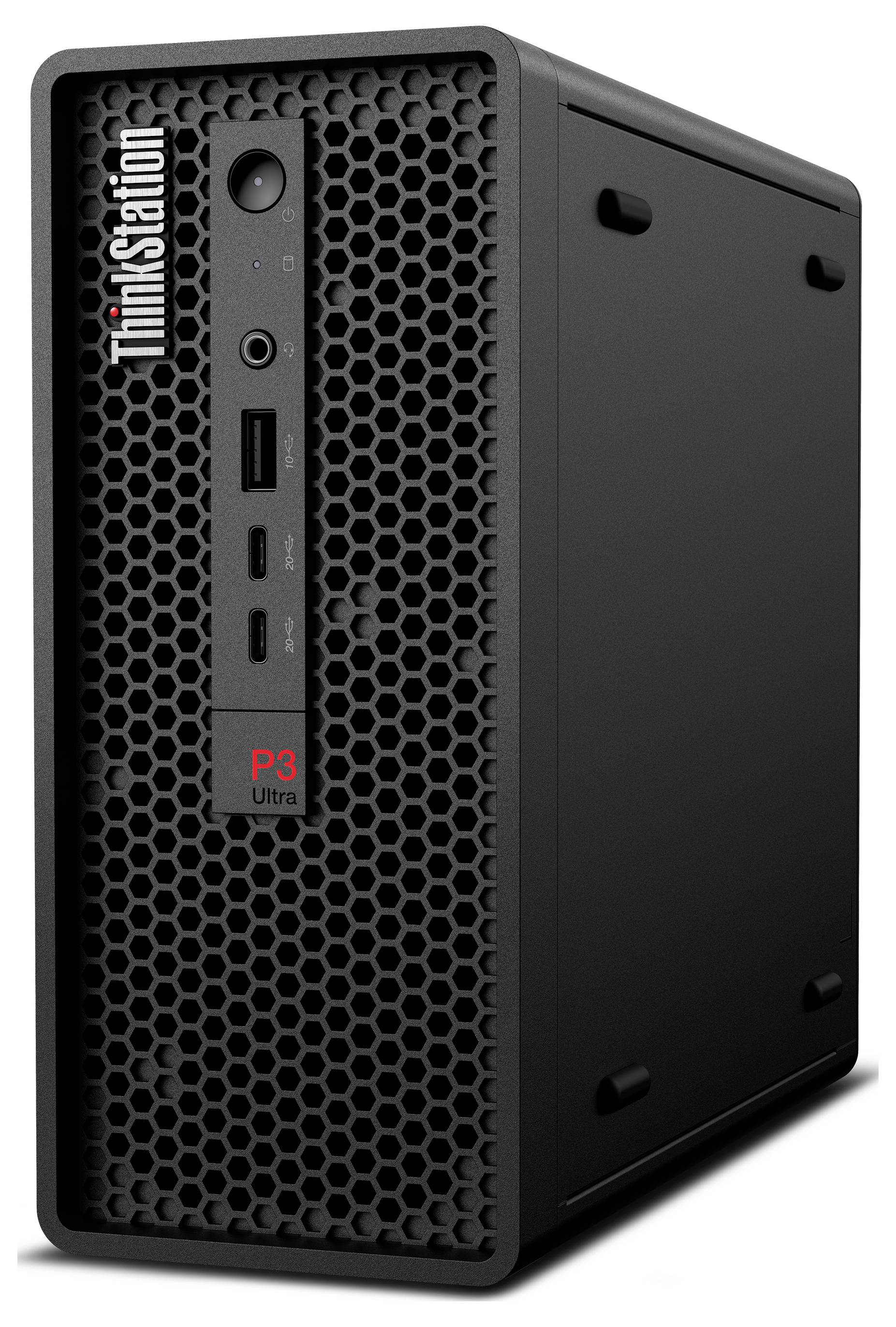Schwarzer ThinkStation P3 Ultra-kompakter Desktop-Computer mit Wabengitter an der Vorderseite und Anschlüssen an der Vorderseite auf weißem Hintergrund